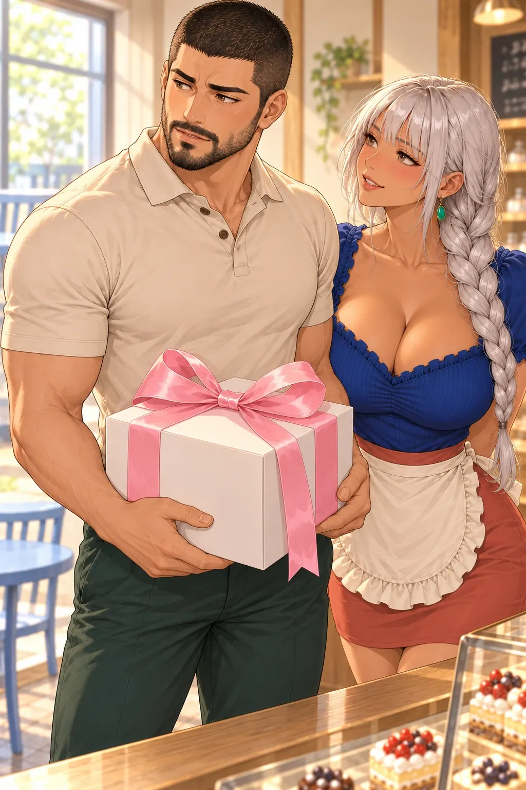 多余的大蝴蝶结漫画画面：烘焙坊的许泊与顾桃：原想不惹眼却抱上比小粉猪更显眼的大粉结；望空窗椅才发现自己把当场吃绕远了。