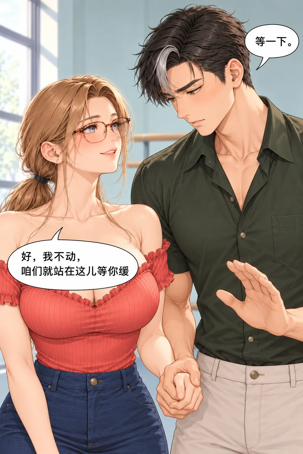 半步共舞漫画画面：方律握着手说等一下，俞澄答应停在这里陪他等。