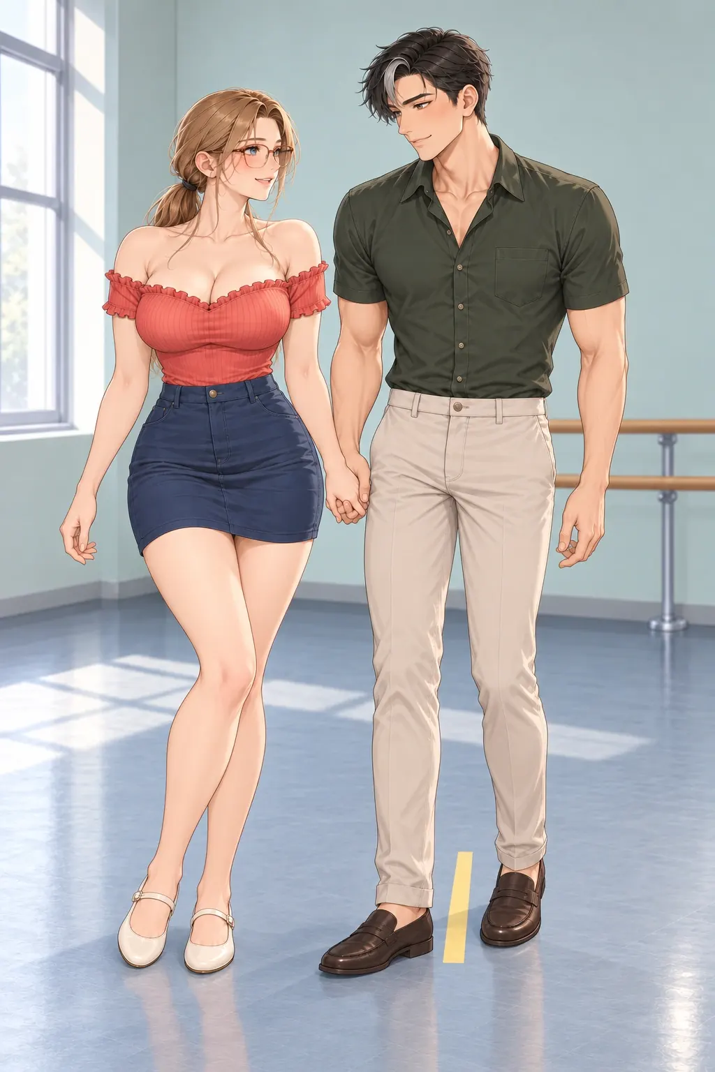 半步共舞漫画画面：两人牵着手小挪到黄线左侧，落稳后看向彼此。