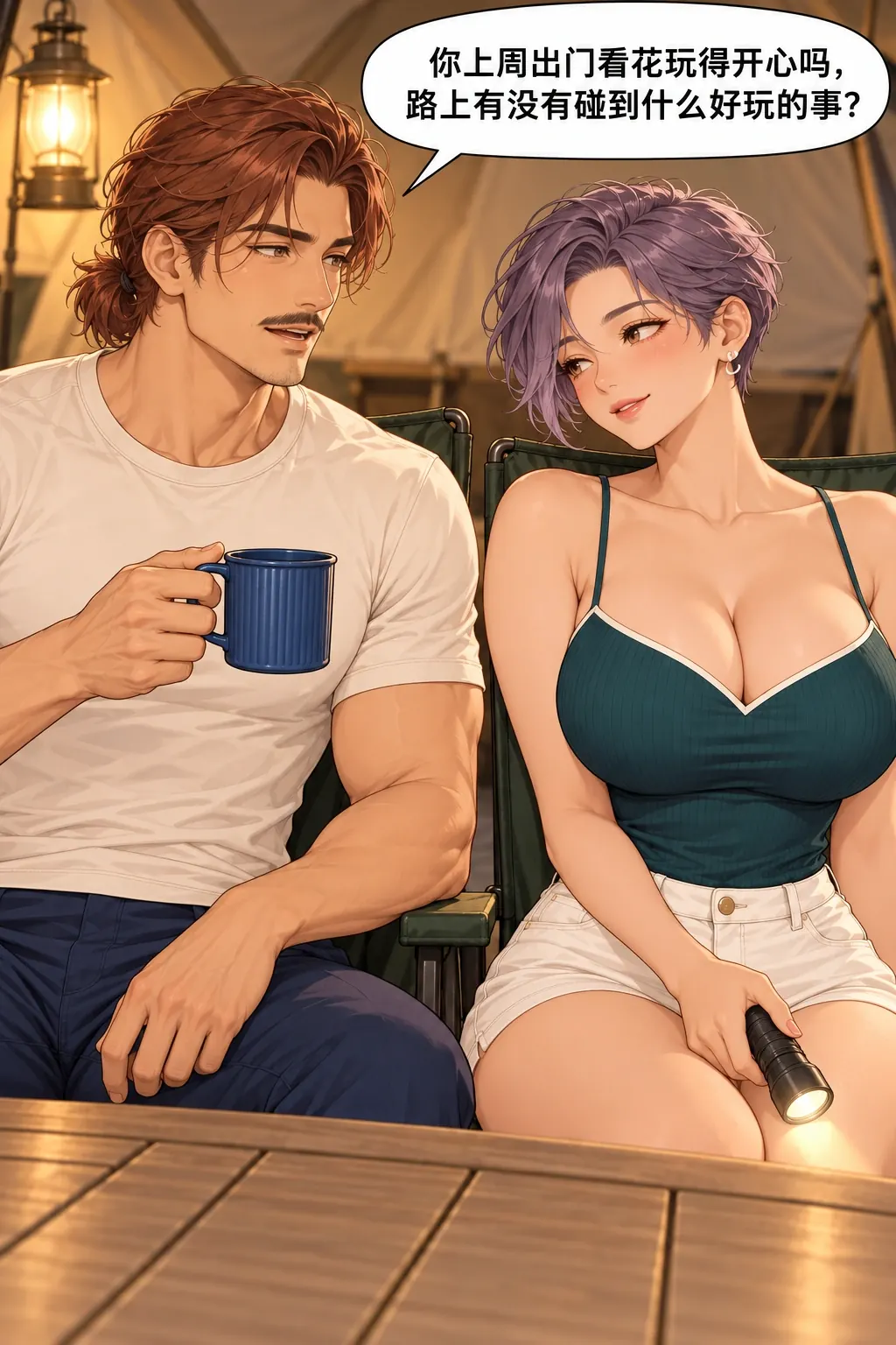 蓝杯子忘喝事件漫画画面：张砚松拿蓝杯，问沈雾上周看花出游的见闻。
