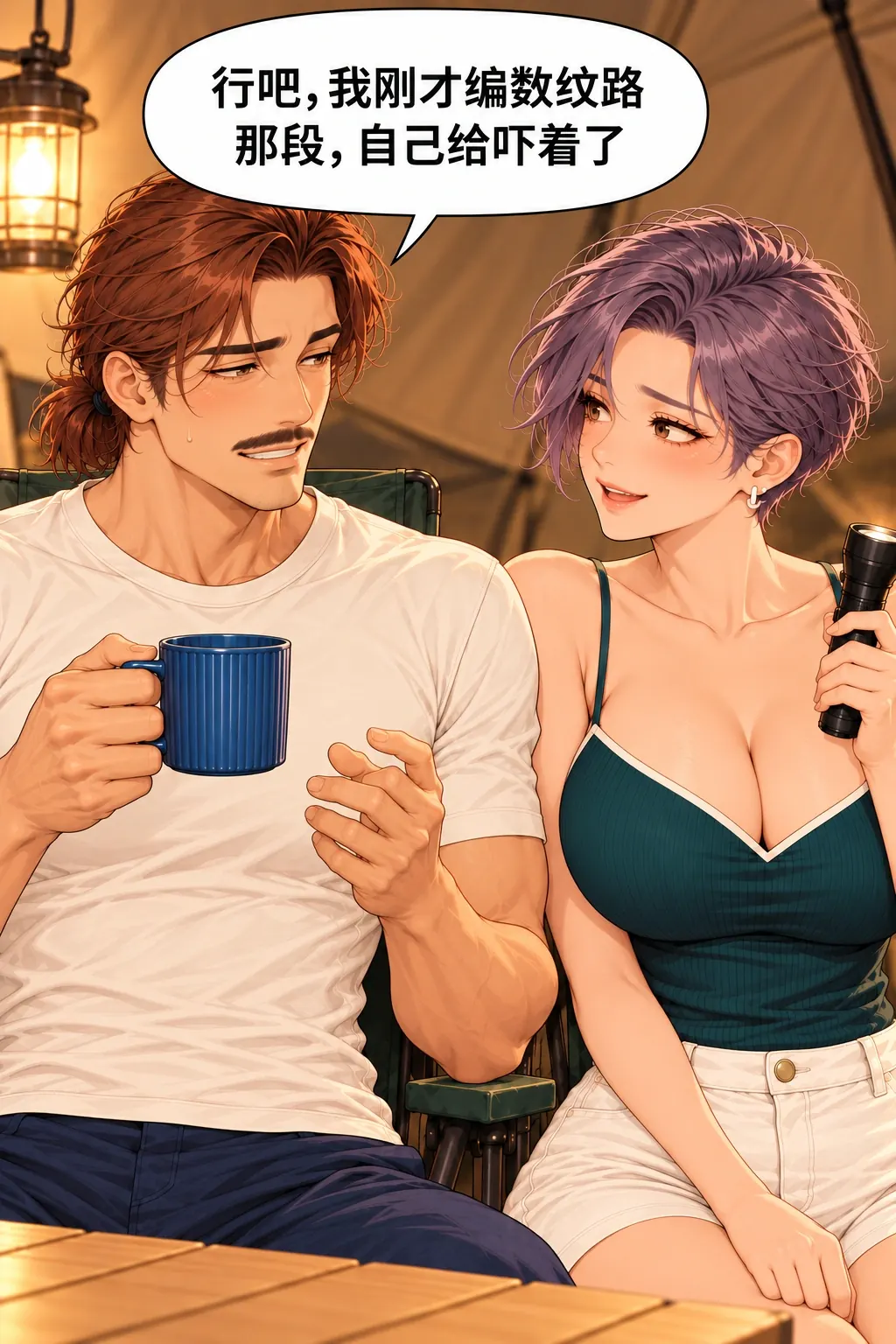 蓝杯子忘喝事件漫画画面：张砚带笑认栽，承认是自己编的数纹路把自己吓着。