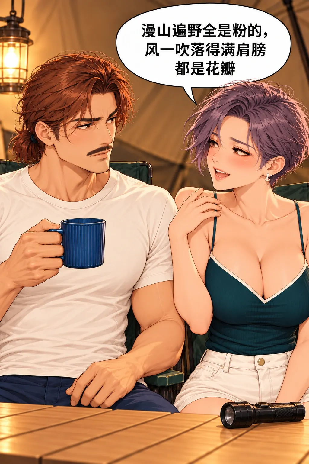 蓝杯子忘喝事件漫画画面：沈雾笑着描述花瓣落满肩的所见，两人聊回原话题。