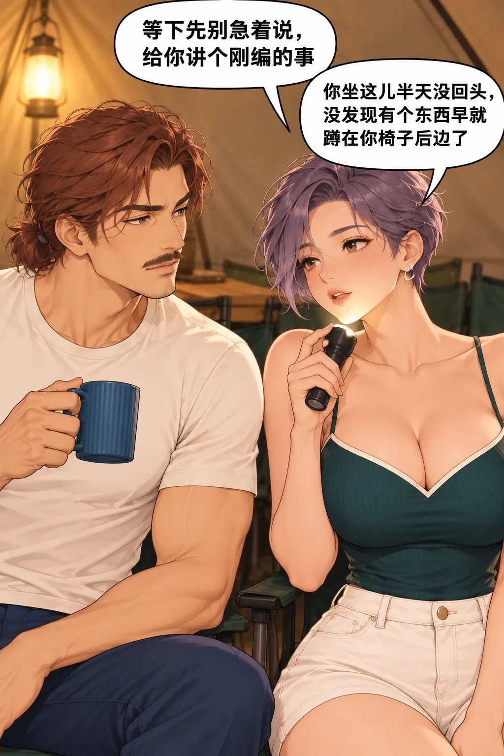 蓝杯子忘喝事件漫画画面：沈雾将黑手电抬到脸下，打断话题讲一个刚编的鬼故事。