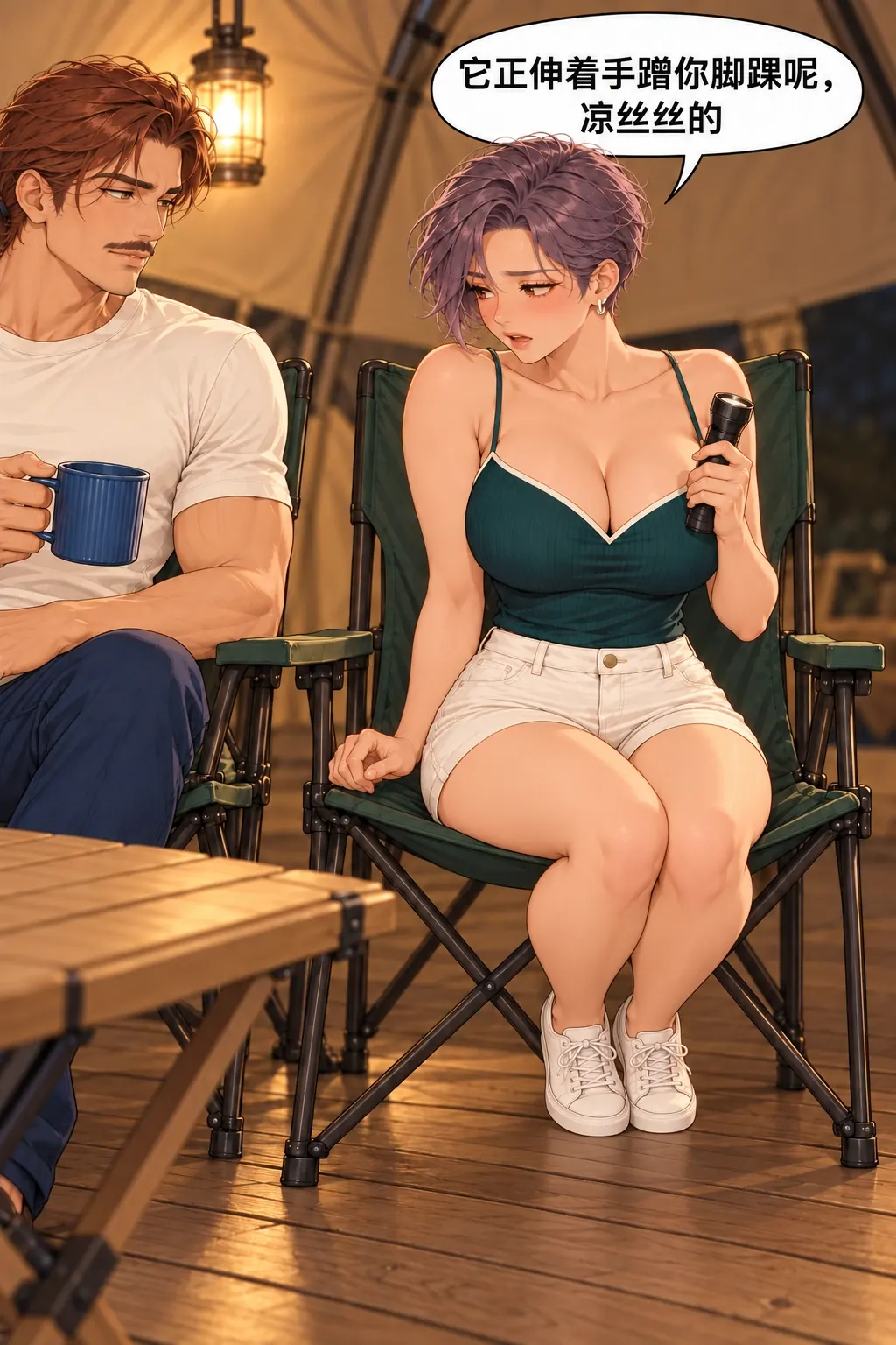 蓝杯子忘喝事件漫画画面：沈雾说到脚踝，自己的两只白鞋却先收到了椅下。