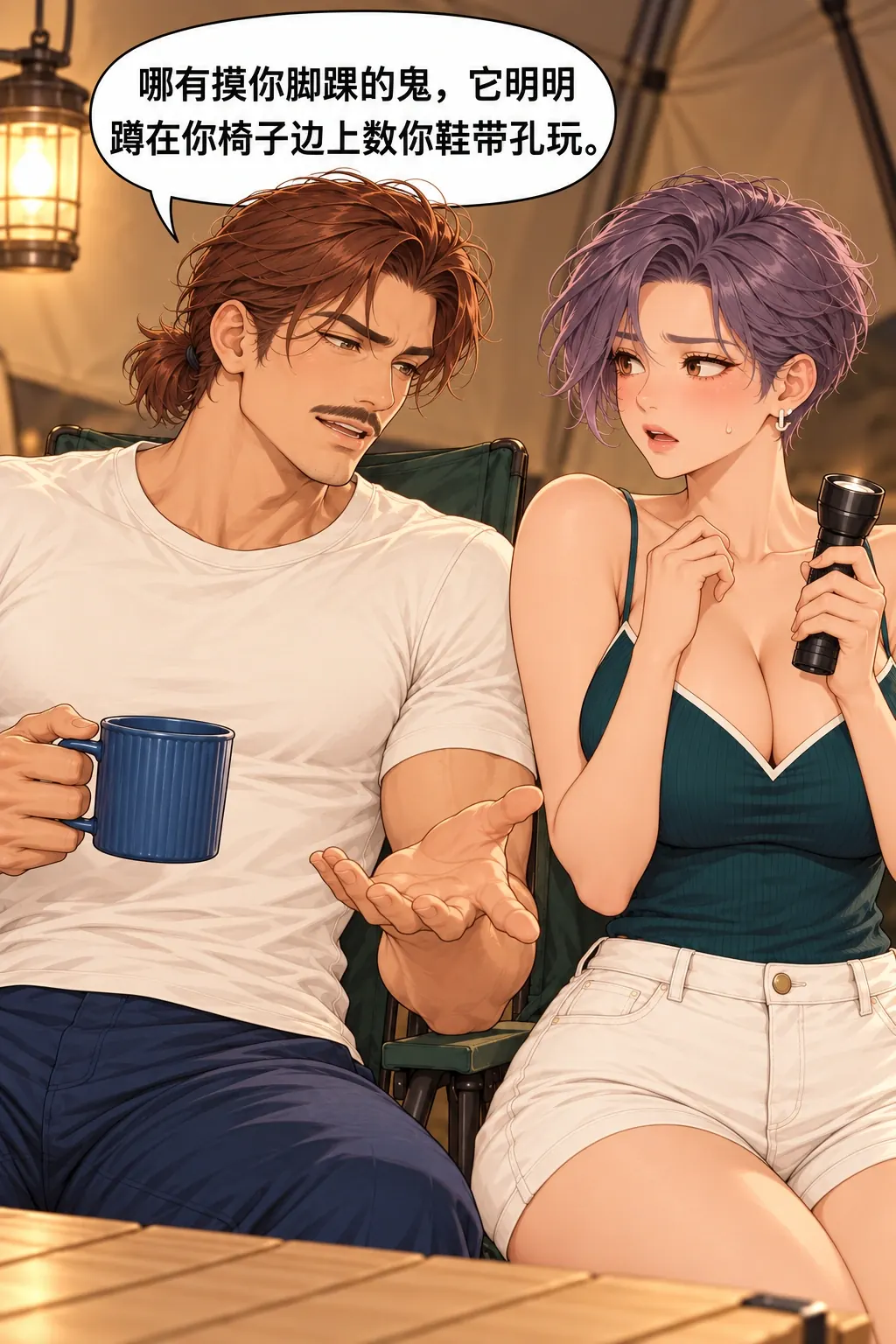 蓝杯子忘喝事件漫画画面：张砚继续接故事，说那东西在数她的鞋带孔。