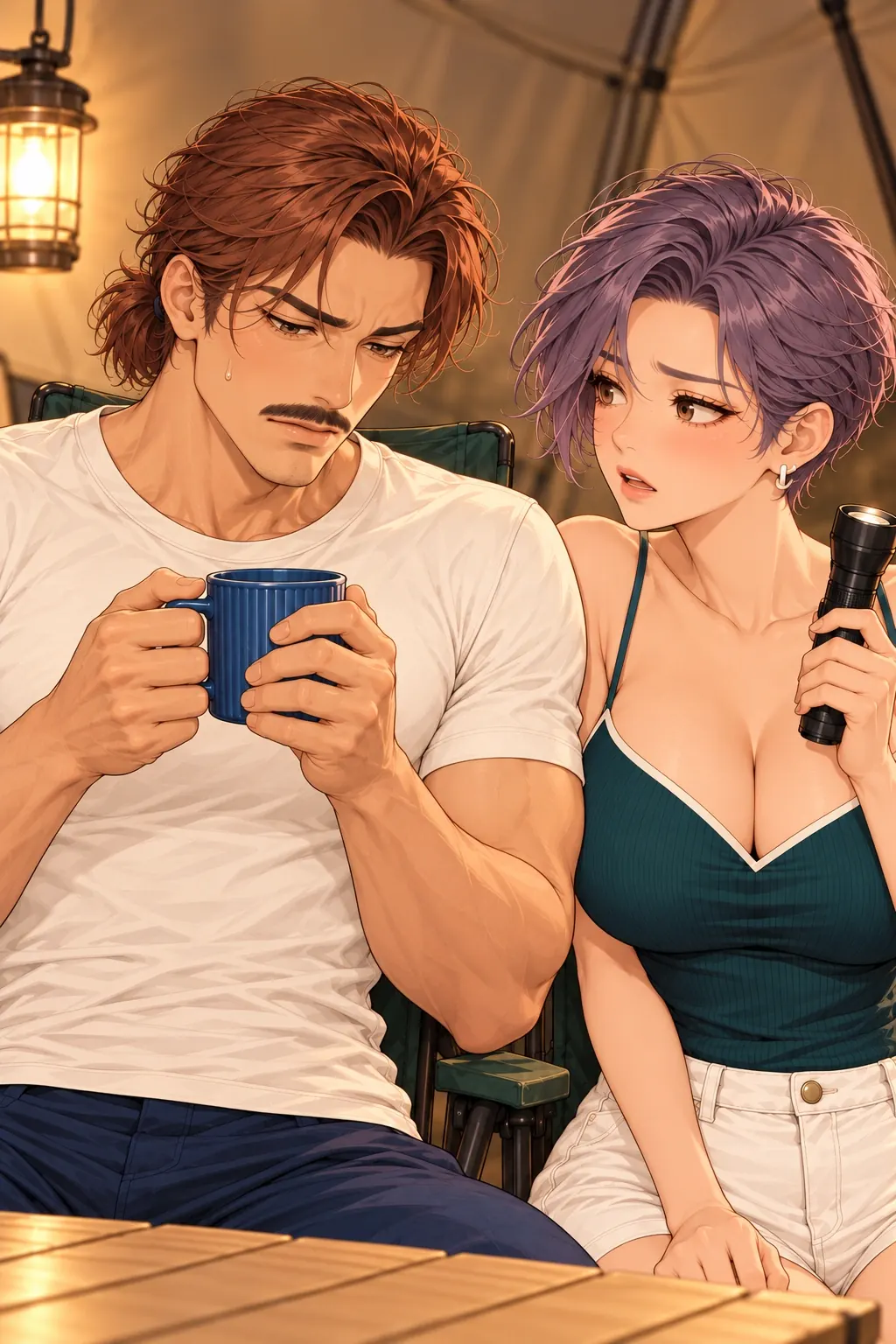 蓝杯子忘喝事件漫画画面：张砚眉眼僵住，双手把蓝杯收近胸前，迟迟没有喝。