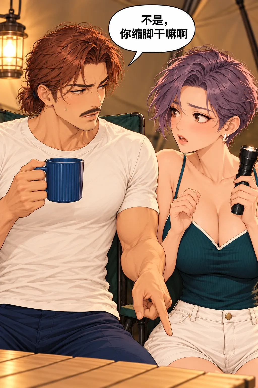 蓝杯子忘喝事件漫画画面：张砚空手指向沈雾膝下，问她为什么缩脚。