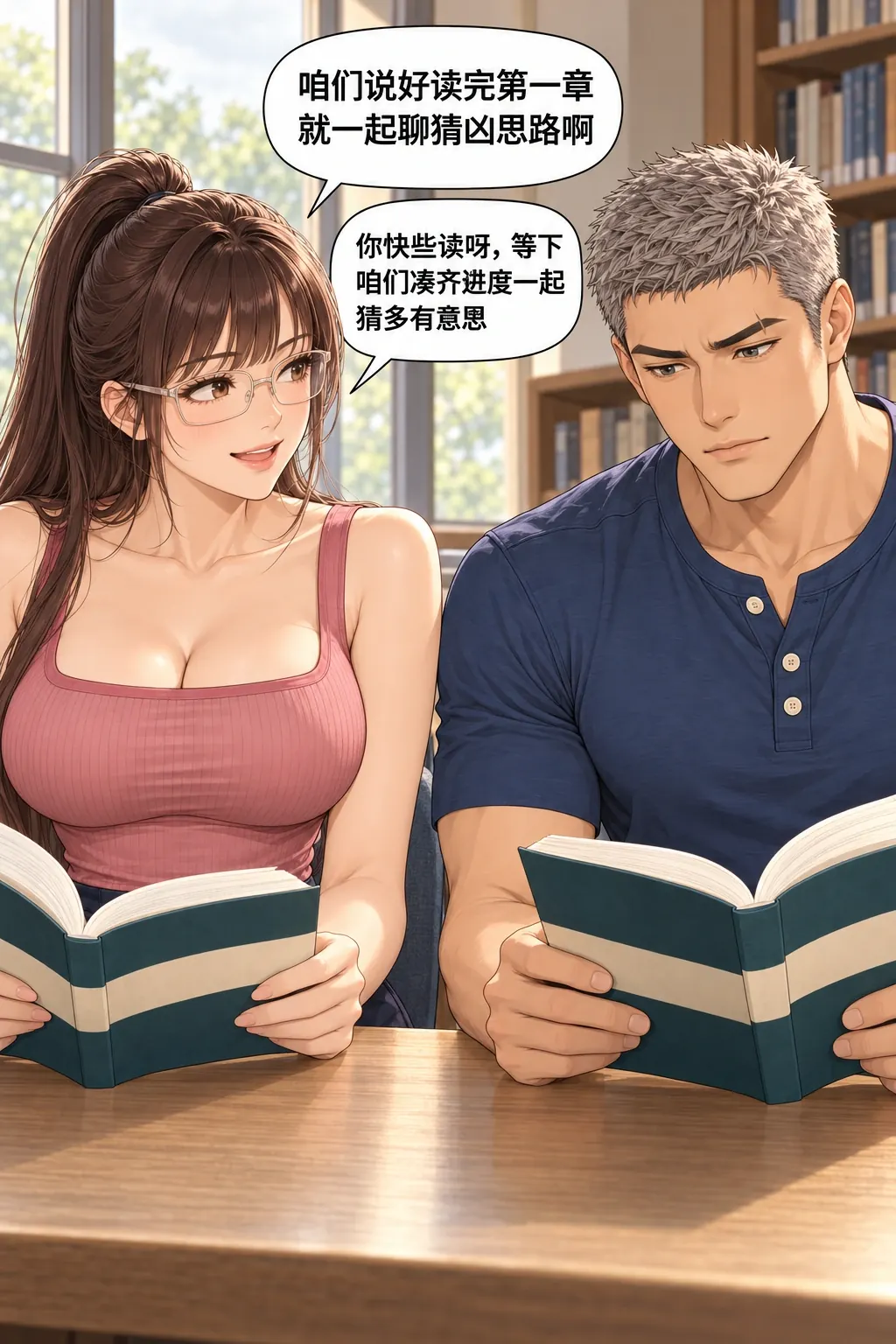 偷翻尾页之后漫画画面：窗边的宋沅与杜衡：原本约好第一章后交流，女兴奋催对方凑齐进度。