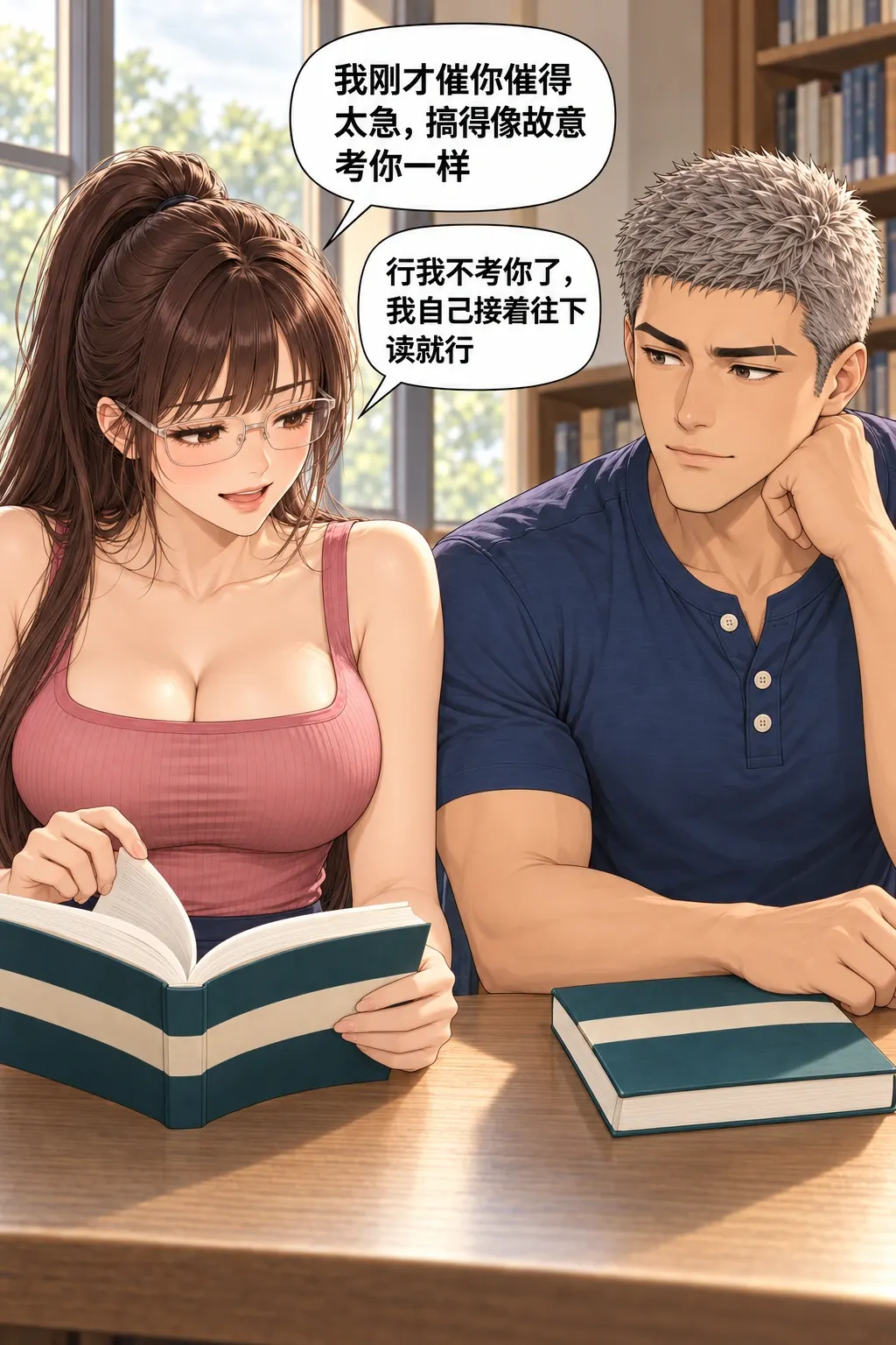 偷翻尾页之后漫画画面：窗边的宋沅与杜衡：女承担自己把交流催成考试，放弃必须同进度的要求并开始下一章。