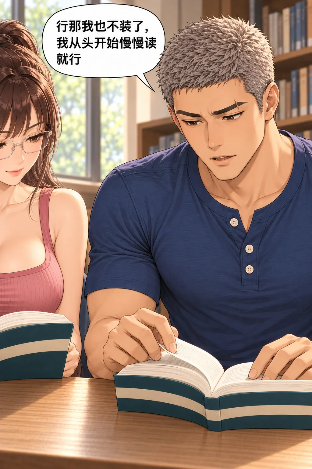 偷翻尾页之后漫画画面：窗边的宋沅与杜衡：男真正把自己的书重新打开到开头，选择补读过程。