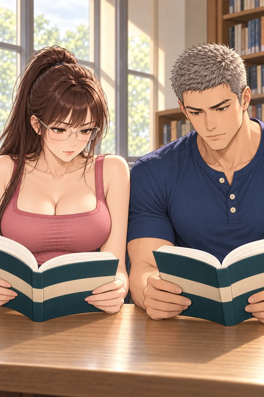 偷翻尾页之后漫画画面：窗边的宋沅与杜衡：两人不同进度的阅读实际发生，原问答暂时停下来。