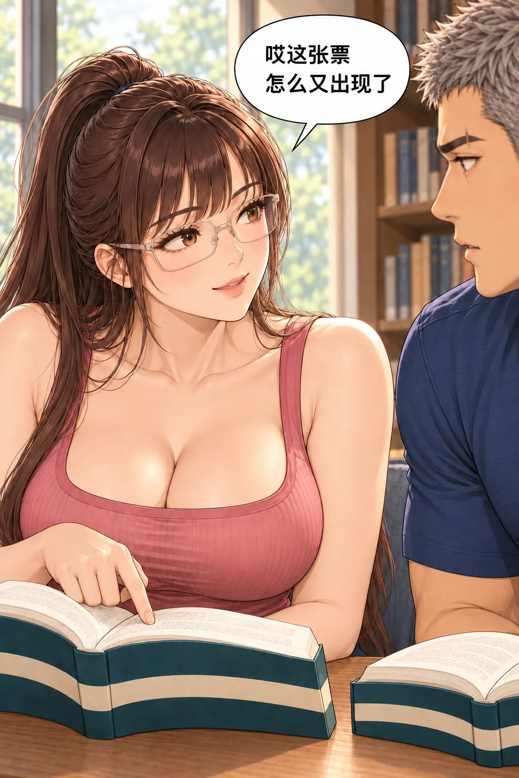 偷翻尾页之后漫画画面：窗边的宋沅与杜衡：女读到原票再次出现，自然想与邻座分享惊讶。