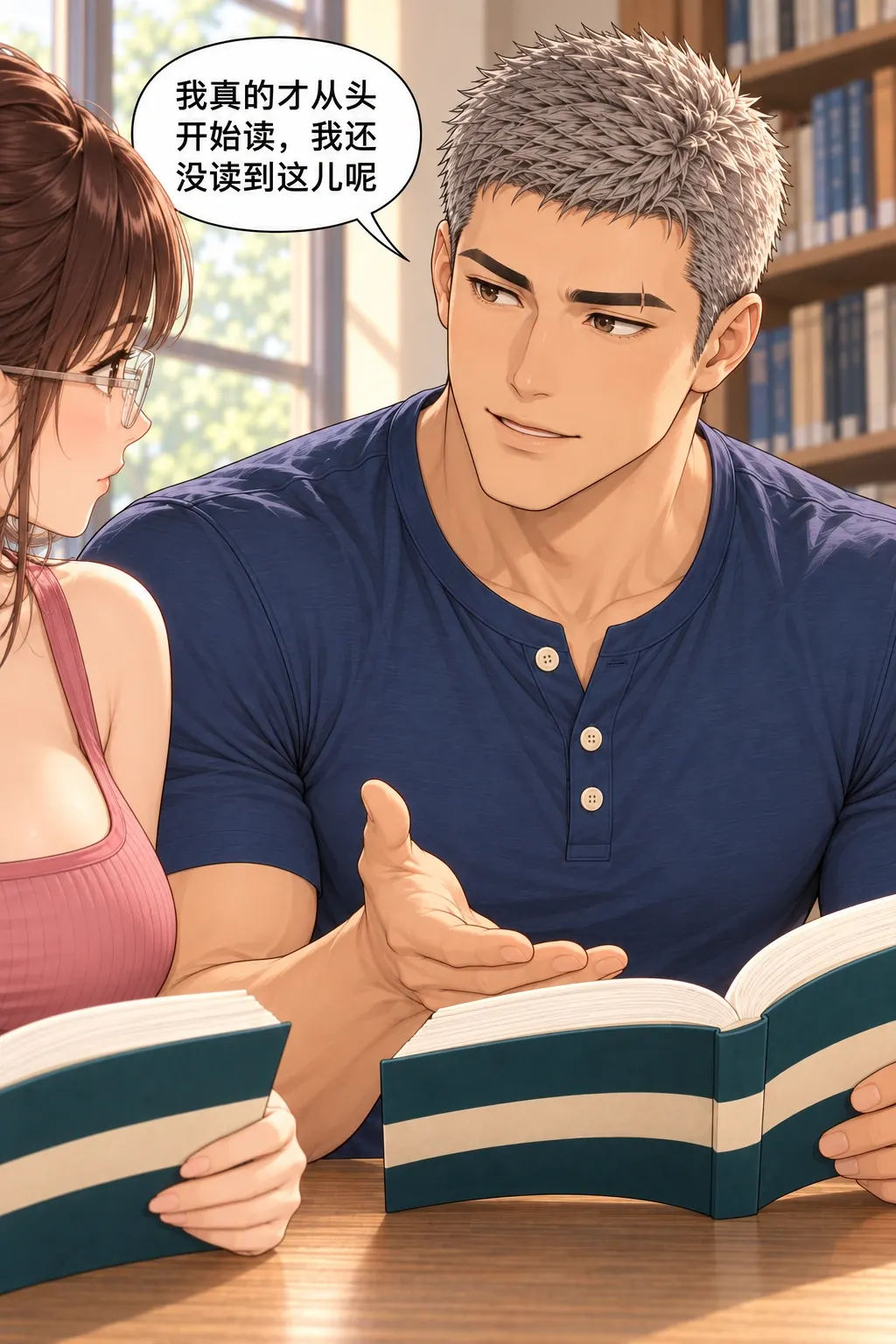 偷翻尾页之后漫画画面：窗边的宋沅与杜衡：面对又一次具体问题，他这回如实说还没读到，不再用答案填空。