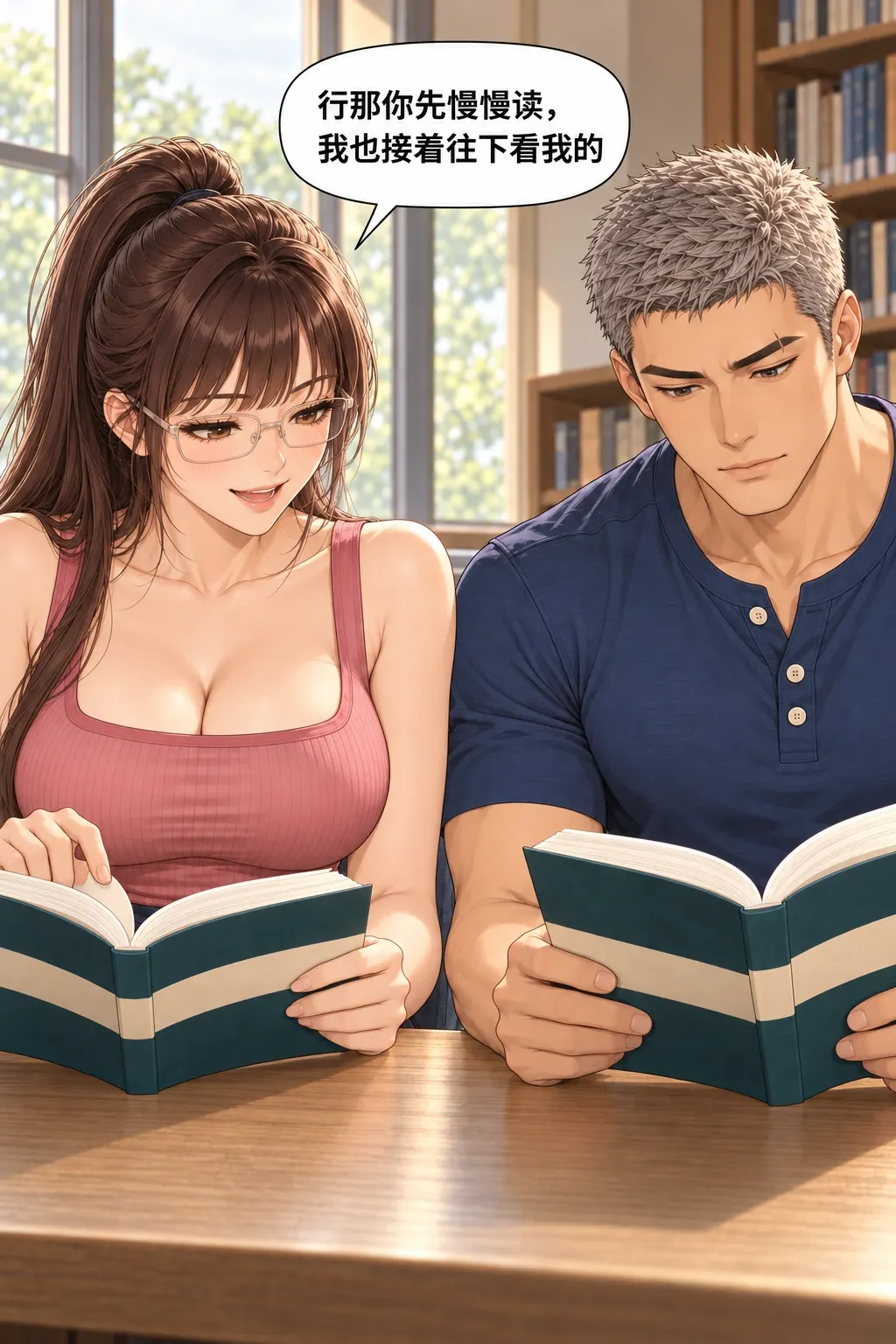 偷翻尾页之后漫画画面：窗边的宋沅与杜衡：女接受他的实际进度，自己继续看；他也继续从头读。