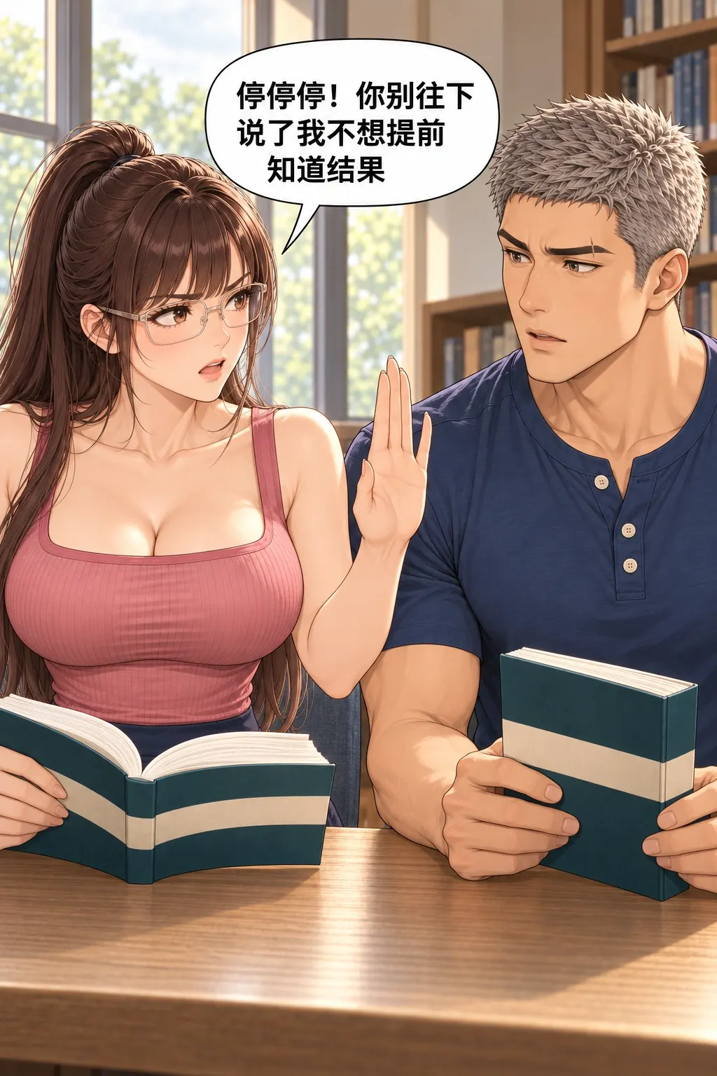 偷翻尾页之后漫画画面：窗边的宋沅与杜衡：女立刻制止剩下的剧透，共同猜测已经中止。