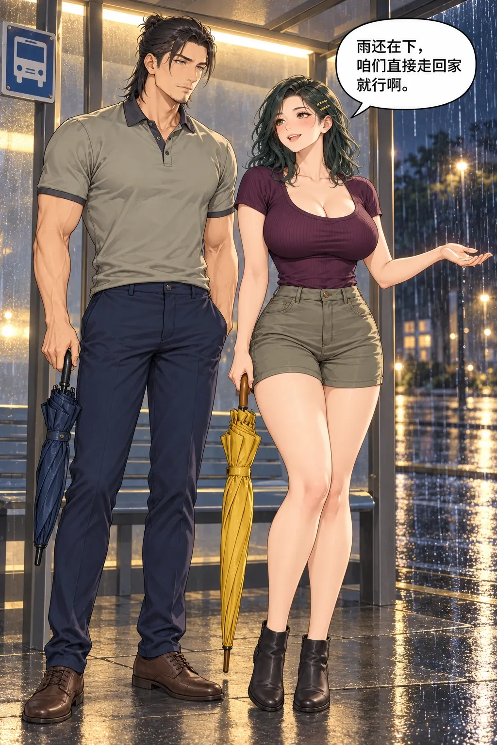 伞边湿半肩漫画画面：余葵与程舟的雨夜回家路：女在原亭棚边试雨后决定步行回家，两人本来各有伞。