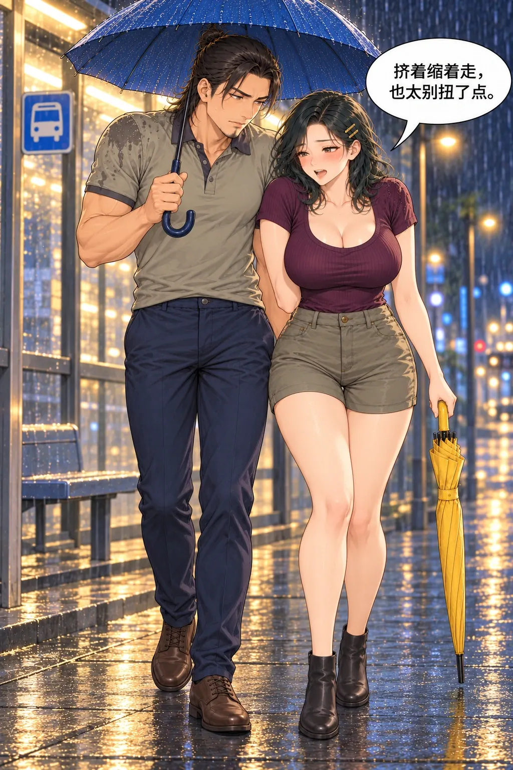 伞边湿半肩漫画画面：余葵与程舟的雨夜回家路：两人缩肩挤着小步走仍别扭，公平居中没有增加伞面。