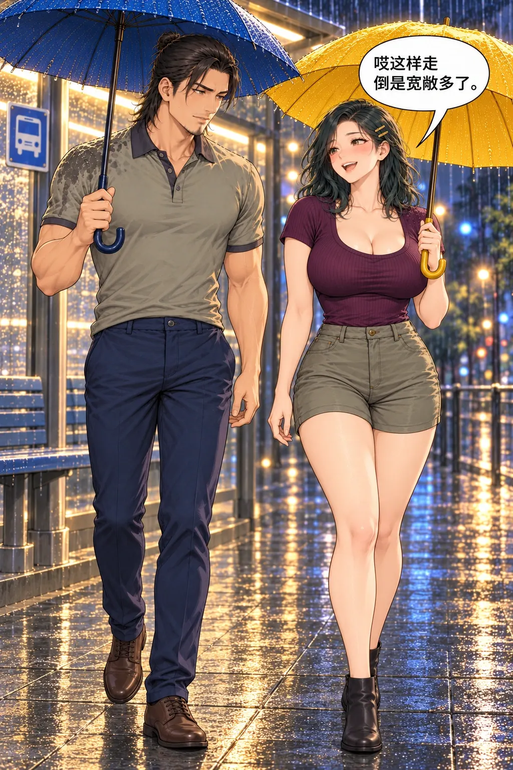伞边湿半肩漫画画面：余葵与程舟的雨夜回家路：两人真正每人原伞并肩继续同路，小步不再缩挤。
