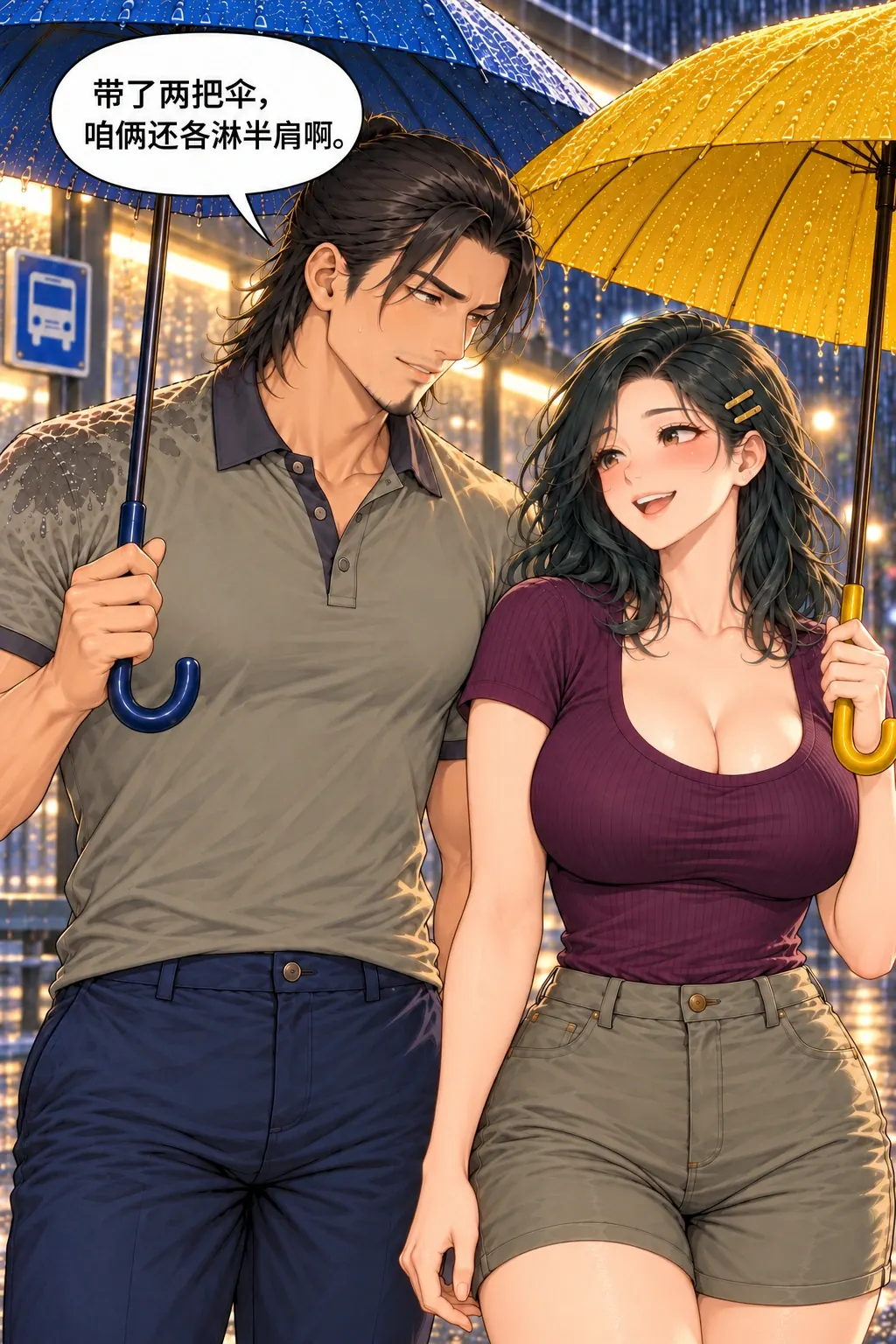 伞边湿半肩漫画画面：余葵与程舟的雨夜回家路：男回顾两人先前各淋外肩的结果自嘲带两把仍湿半肩；旧湿痕保留，女外肩部分遮挡不假称本格两处都全见。