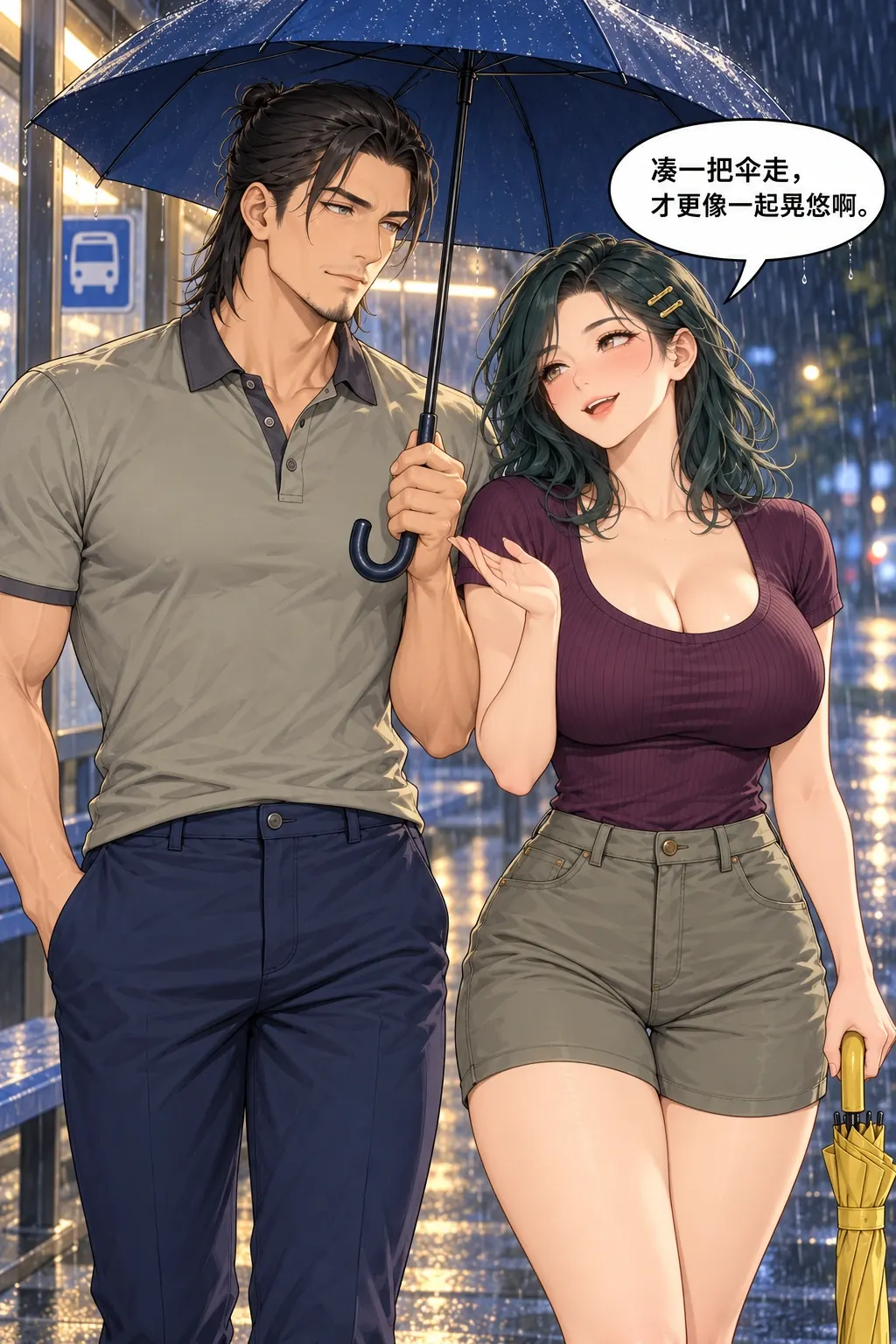 伞边湿半肩漫画画面：余葵与程舟的雨夜回家路：女把一起走与共一把伞绑定，主动让自己黄伞继续闲着。