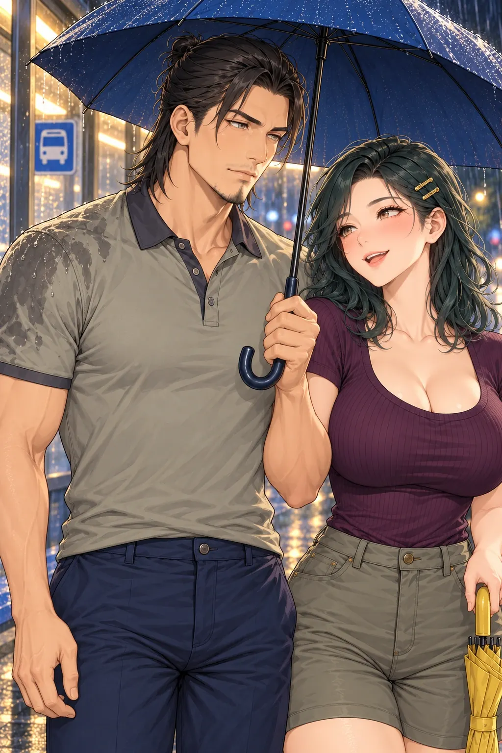 伞边湿半肩漫画画面：余葵与程舟的雨夜回家路：他的外肩被雨扫湿，照顾姿势已有真实代价。