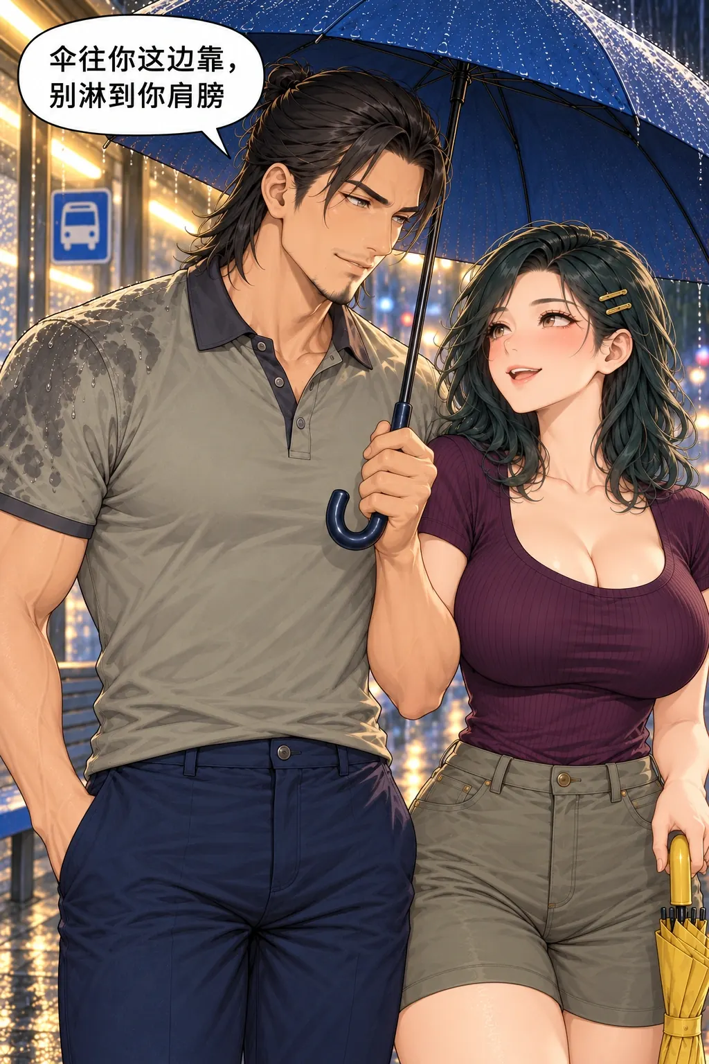 伞边湿半肩漫画画面：余葵与程舟的雨夜回家路：男仍想先把她遮好，没有主动使用现成第二把伞。
