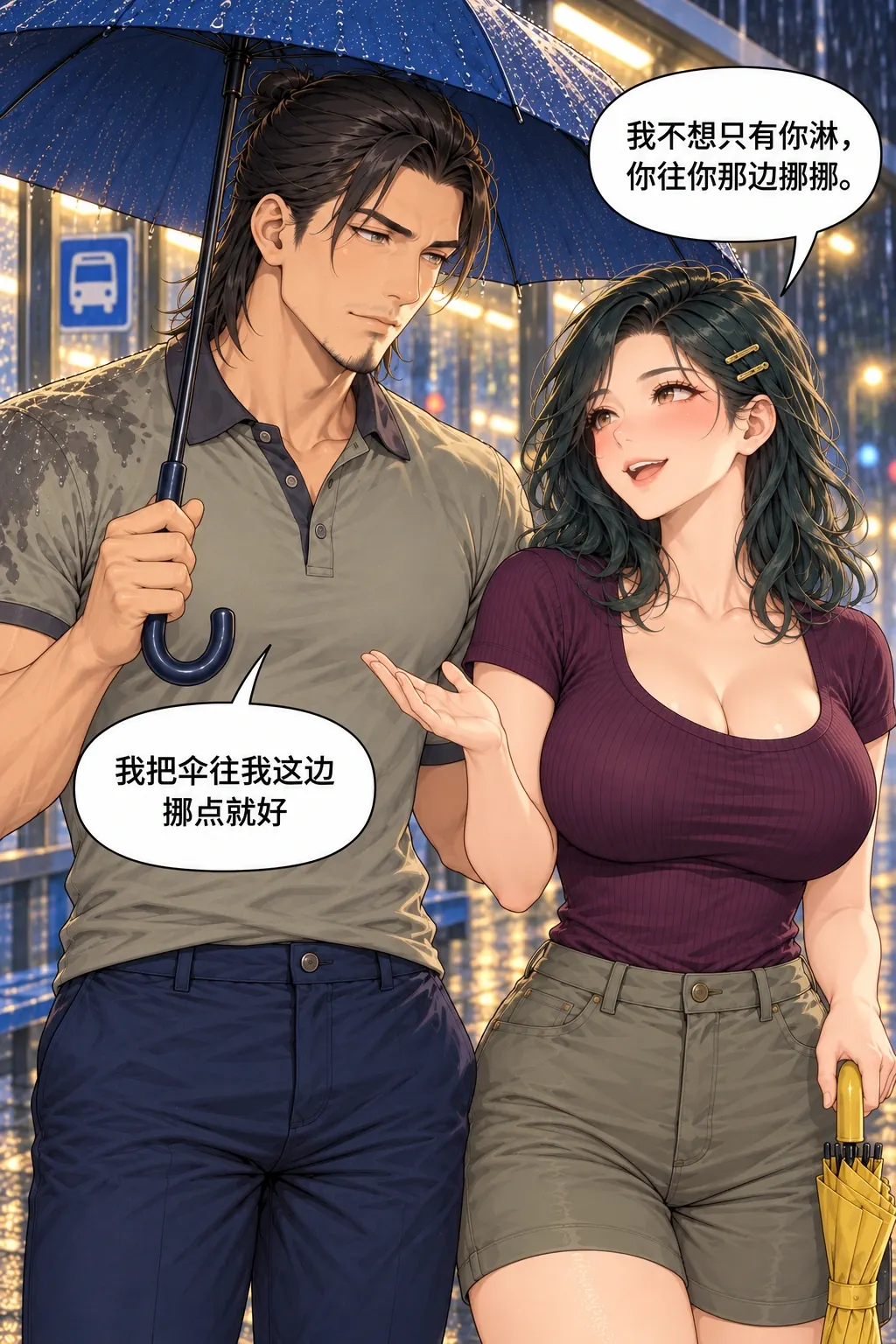 伞边湿半肩漫画画面：余葵与程舟的雨夜回家路：她明确不要只有他淋，男自主把蓝伞偏回自己。