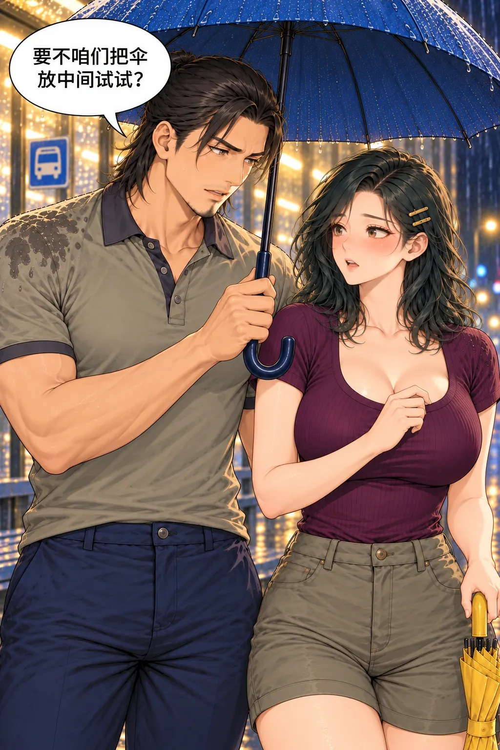 伞边湿半肩漫画画面：余葵与程舟的雨夜回家路：男再提出居中，想在仍只用一把的条件下兼顾两人。