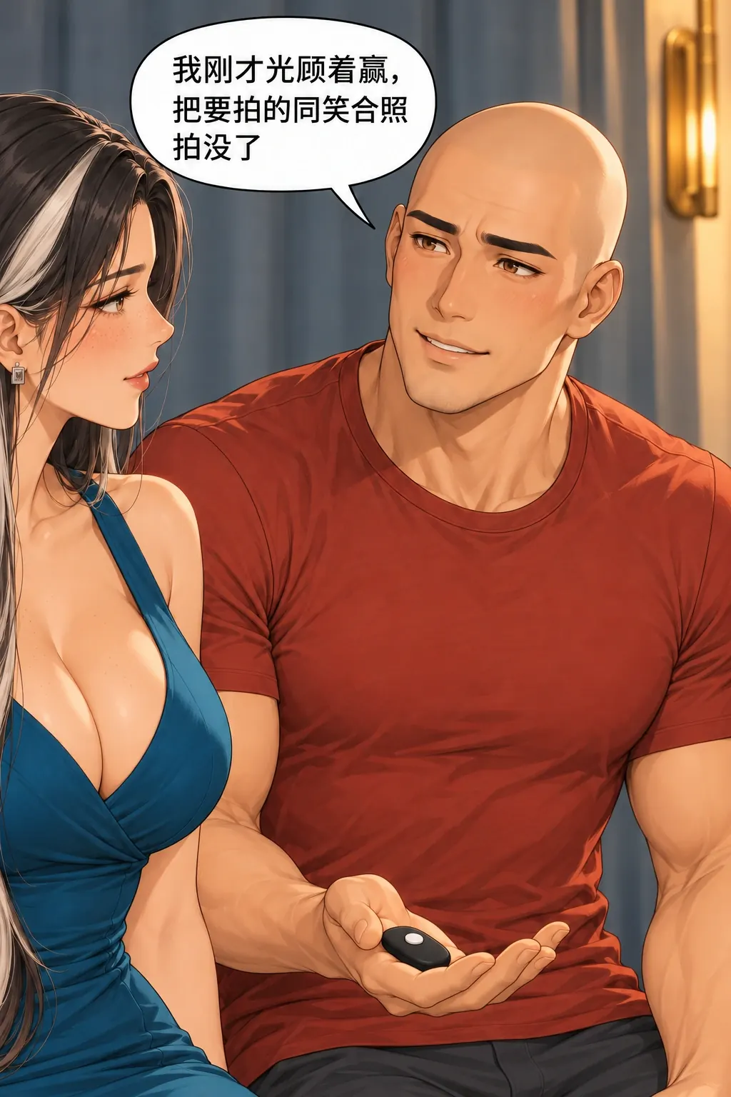 拍合照比忍笑漫画画面：洛芊与方牧的照相馆合照：男面对自己赢来的结果也主动放弃冠军姿态。