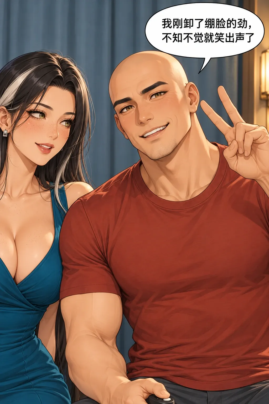 拍合照比忍笑漫画画面：洛芊与方牧的照相馆合照：男先丢掉不笑姿态，主动举空手做傻气V并真的笑。