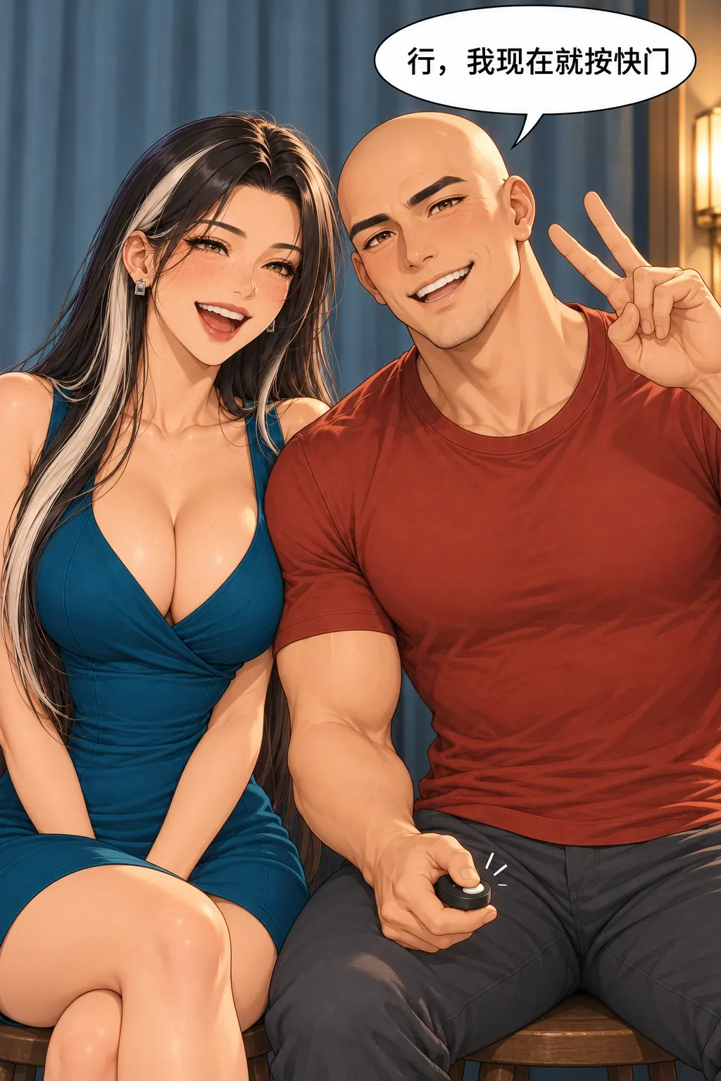 拍合照比忍笑漫画画面：洛芊与方牧的照相馆合照：两人都真实笑时男本人明确按第三张，兑现共同目标。