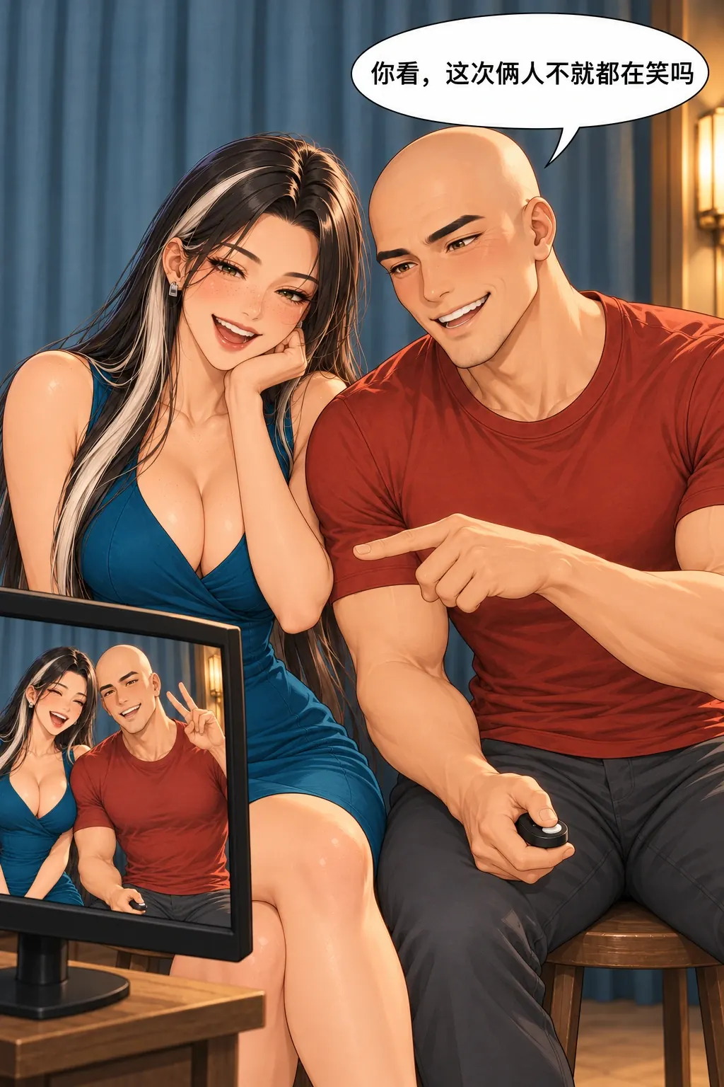 拍合照比忍笑漫画画面：洛芊与方牧的照相馆合照：第三张确有两人真实笑，与前两次结果形成可见对照。