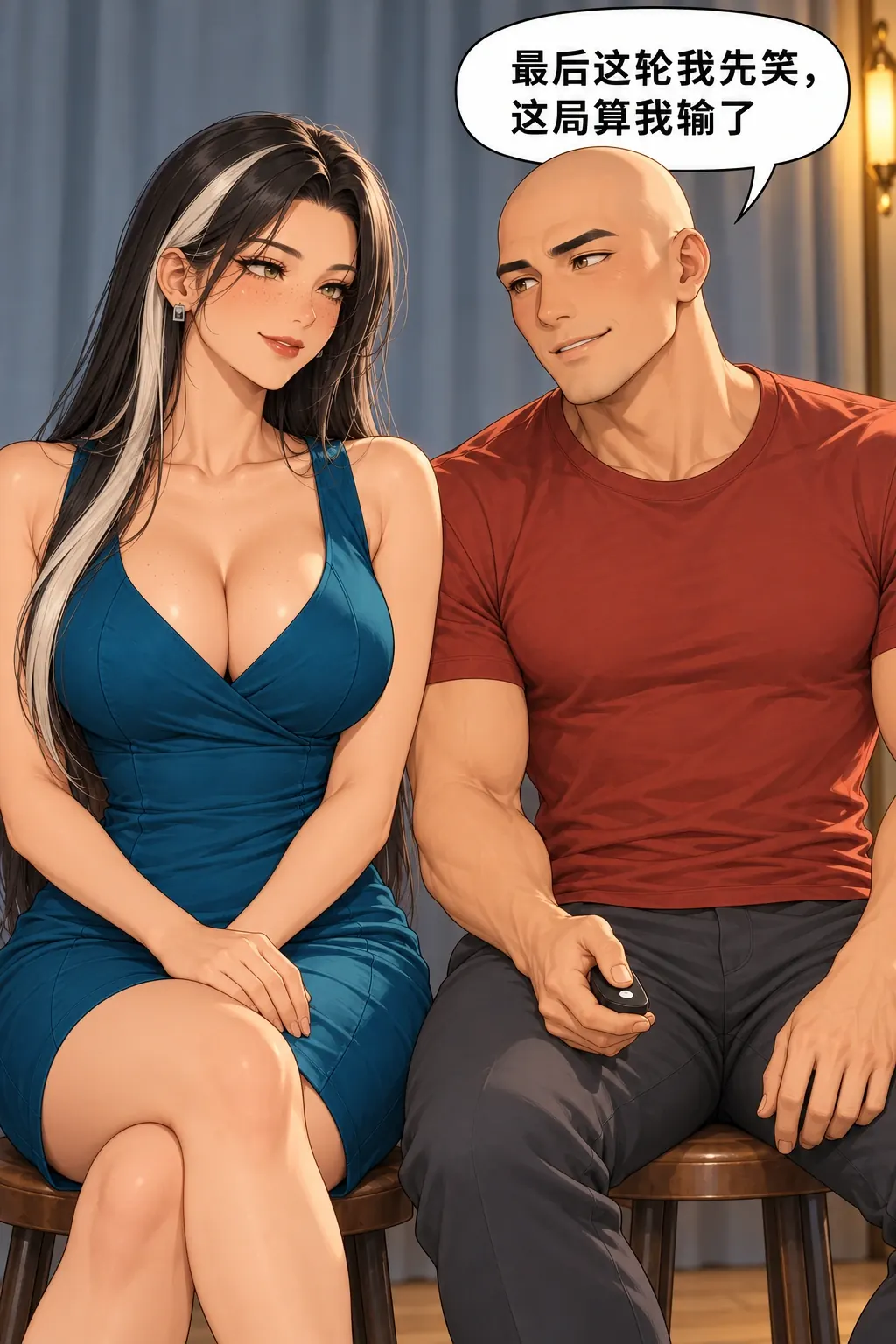 拍合照比忍笑漫画画面：洛芊与方牧的照相馆合照：男自嘲最后这一张自己先笑，保留第一张她先笑的事实。