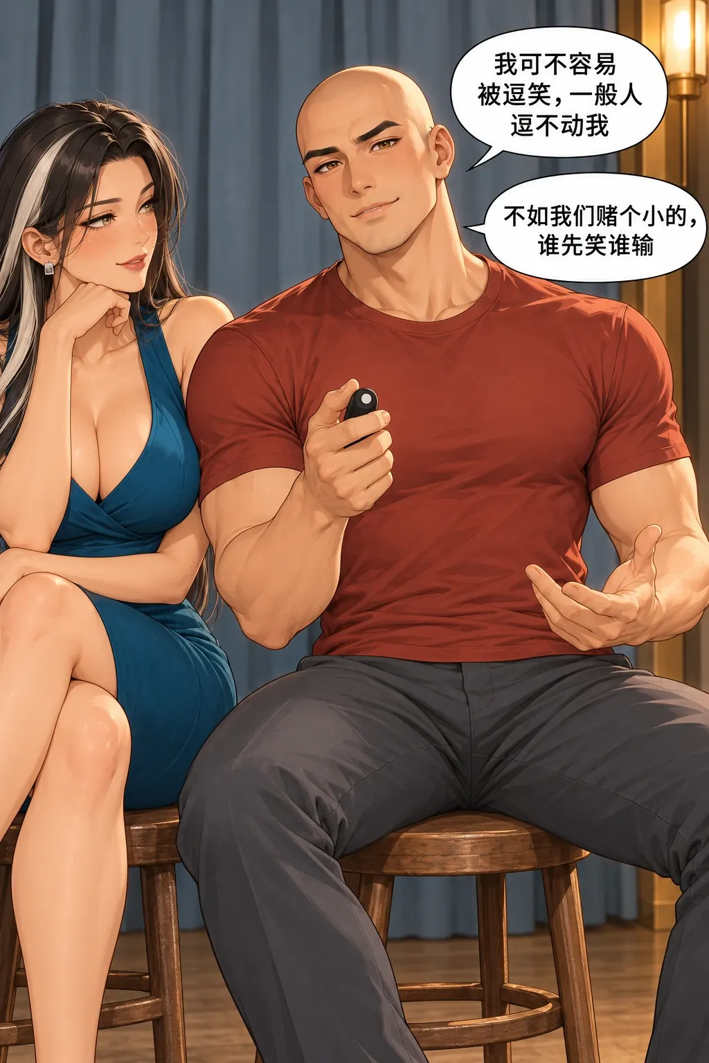 拍合照比忍笑漫画画面：洛芊与方牧的照相馆合照：男把共同拍照带成不笑竞争，自己的好胜将妨碍原目标。