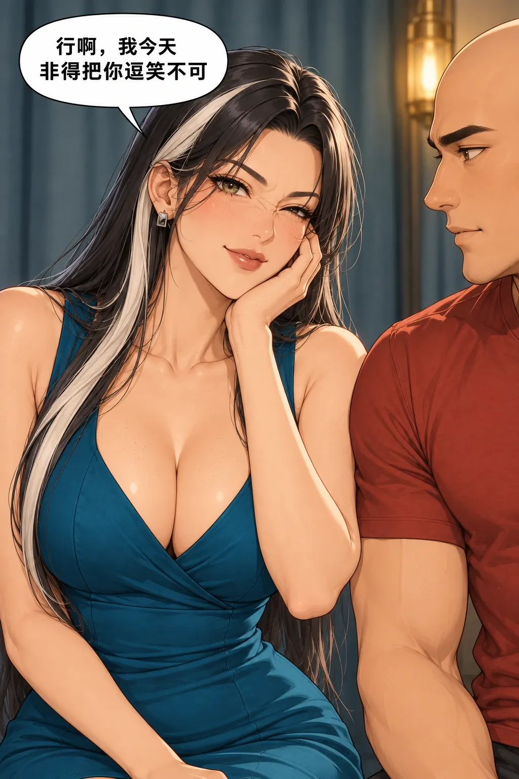 拍合照比忍笑漫画画面：洛芊与方牧的照相馆合照：女为逗出他的真笑接招，却也开始追胜负。
