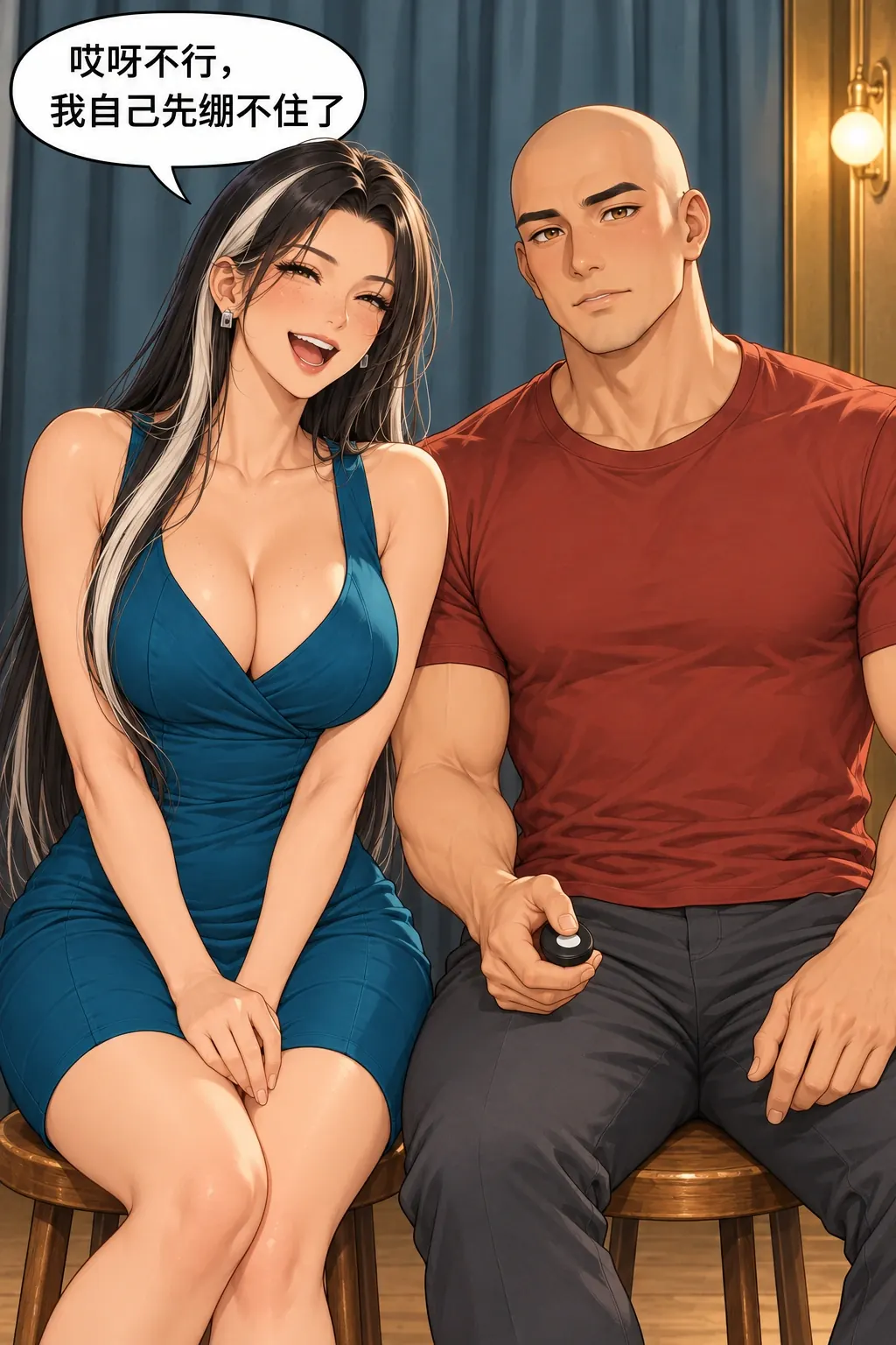 拍合照比忍笑漫画画面：洛芊与方牧的照相馆合照：女自己先笑出来，男看准此刻板脸主动拍第一张。