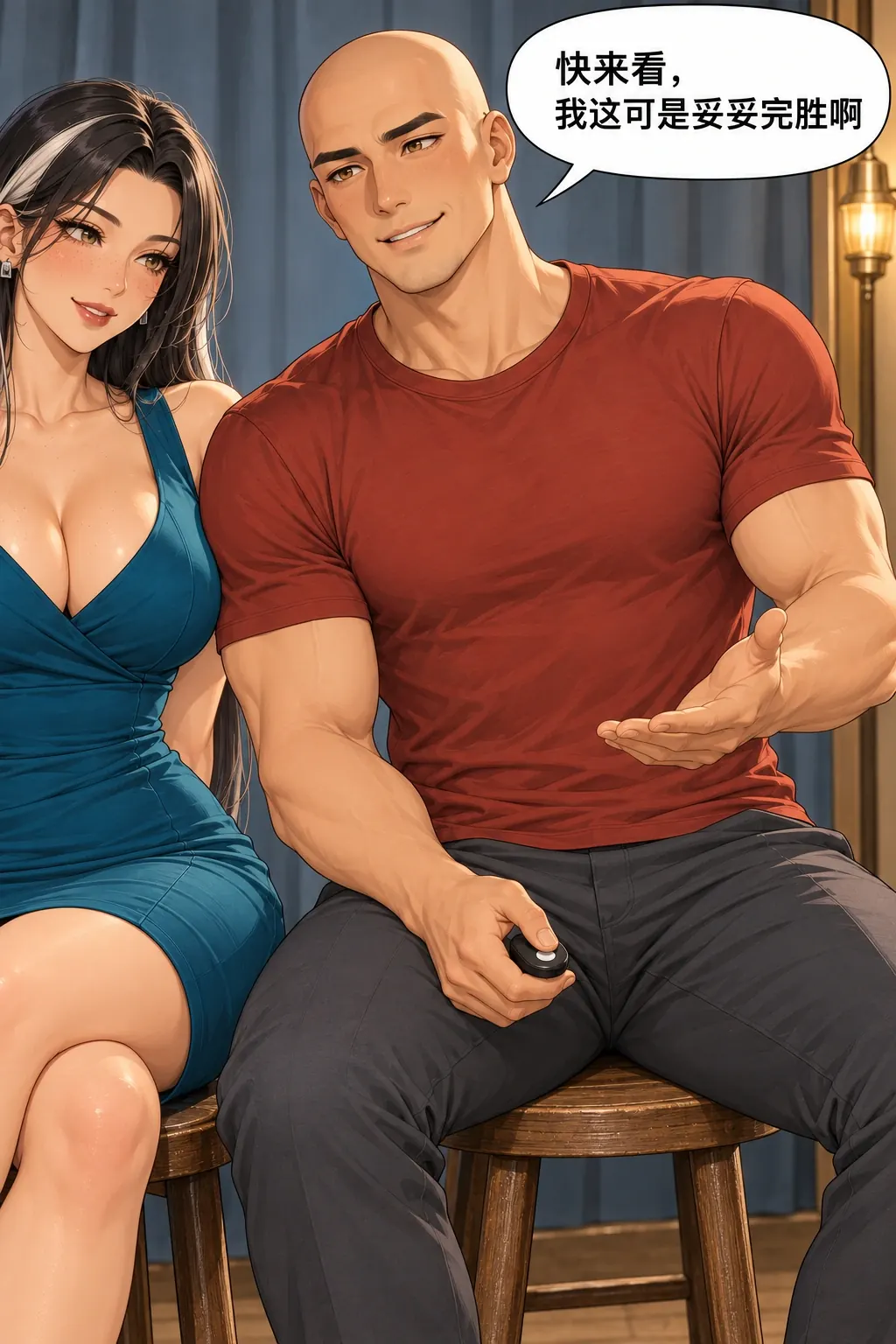 拍合照比忍笑漫画画面：洛芊与方牧的照相馆合照：男赢得小游戏，拍后才得意，却尚未看见照片对共同目标的损失。