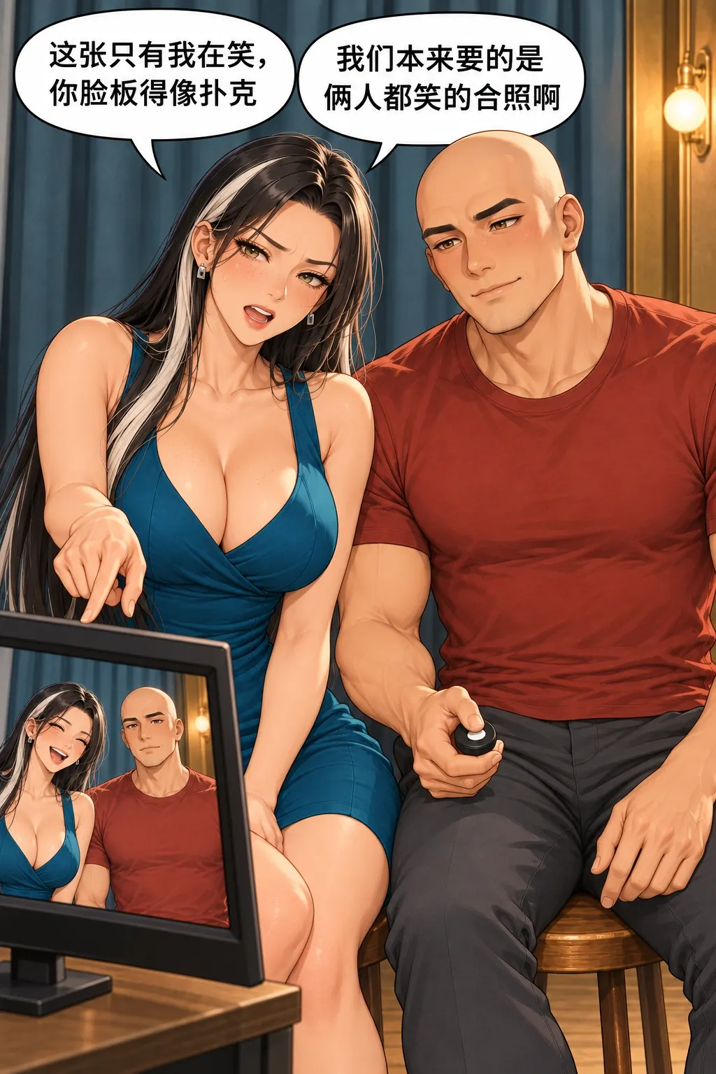拍合照比忍笑漫画画面：洛芊与方牧的照相馆合照：第一张只有女笑，男的胜利恰让原双人笑目标落空。