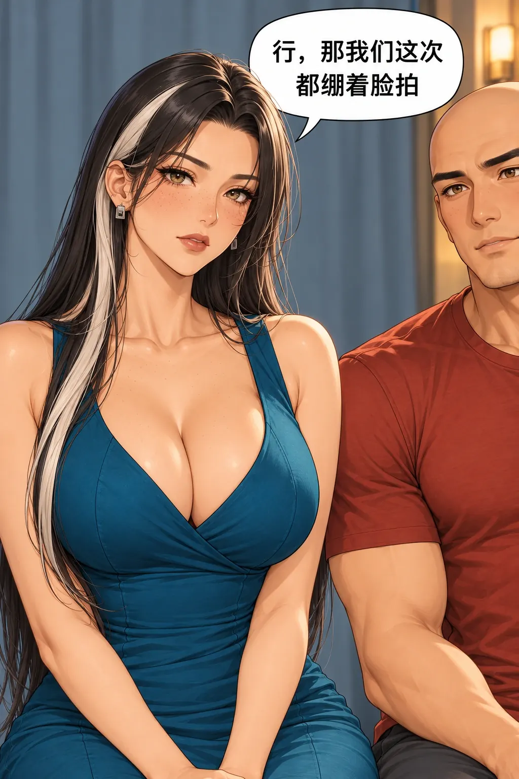 拍合照比忍笑漫画画面：洛芊与方牧的照相馆合照：女也收笑较劲，原来想逗笑的人改为拒绝笑。