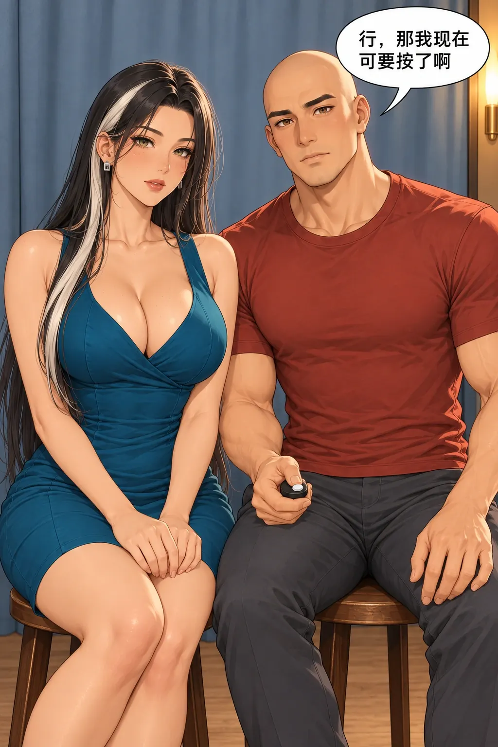 拍合照比忍笑漫画画面：洛芊与方牧的照相馆合照：双方普通平脸，男再次自主拍摄，将笑合照拍得更远。
