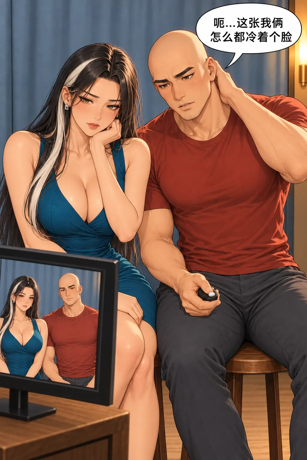 拍合照比忍笑漫画画面：洛芊与方牧的照相馆合照：第二张连一个笑容都没有，他们已把共同愿望拍成双冷脸。