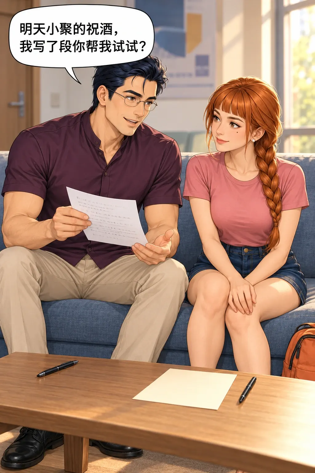 换个名字也不行漫画画面：林晚与张弛在研究生休息室改祝酒词：张弛请林晚试听明晚小聚祝酒词。