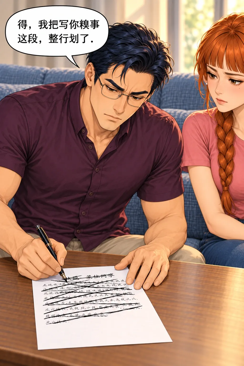 换个名字也不行漫画画面：林晚与张弛在研究生休息室改祝酒词：男主动划去关于她的整段，不能只划真名。