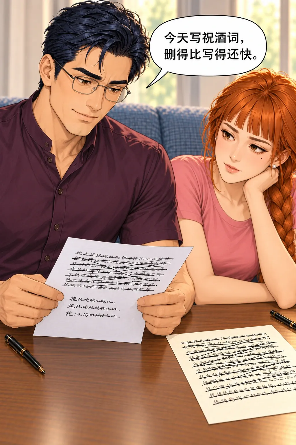 换个名字也不行漫画画面：林晚与张弛在研究生休息室改祝酒词：男在原稿空白写了新句并实际重新试念，只拿自己写稿窘态开玩笑。