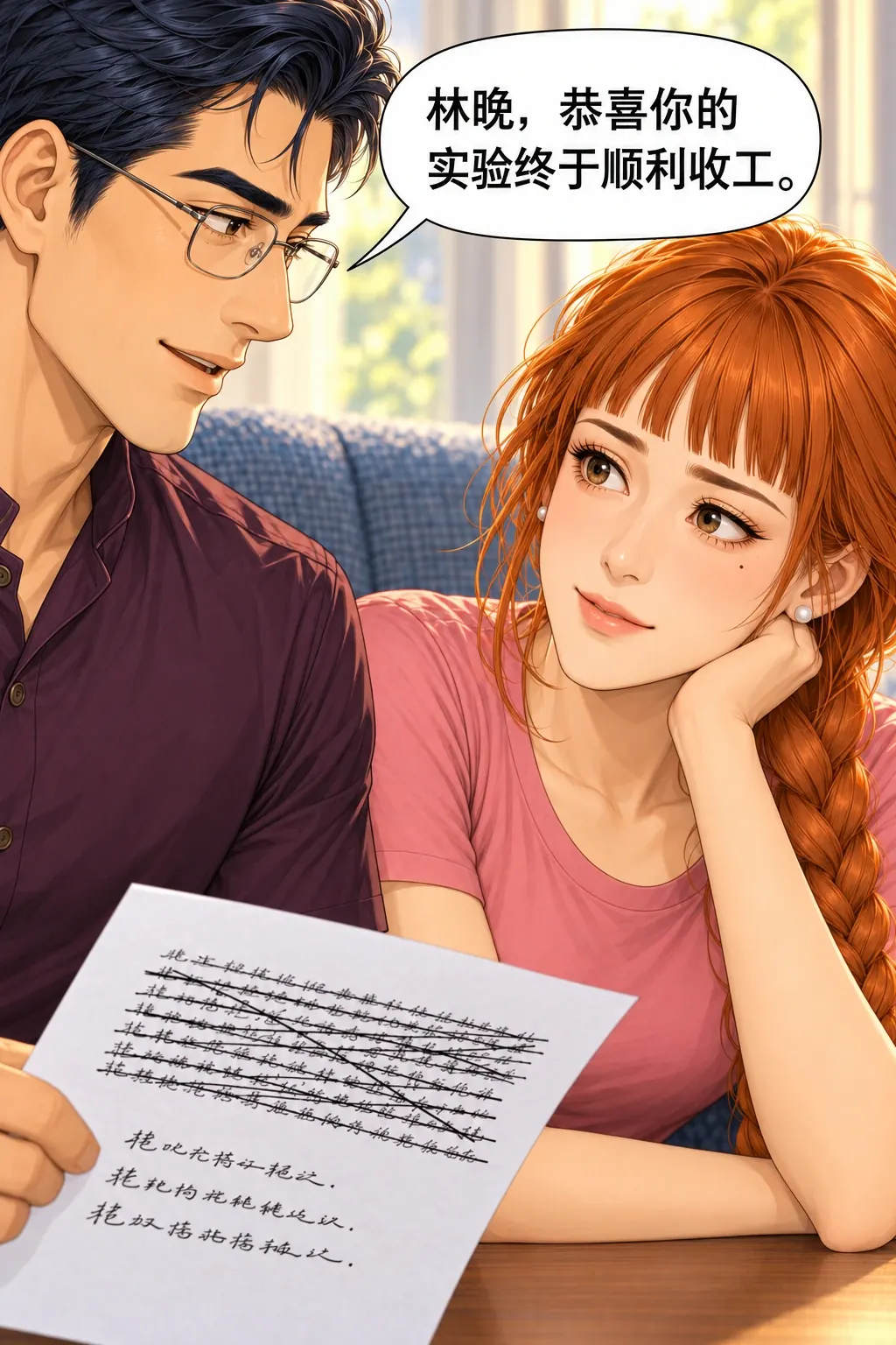 换个名字也不行漫画画面：林晚与张弛在研究生休息室改祝酒词：他读到的林晚是做完实验的人，不再是私人笑料。
