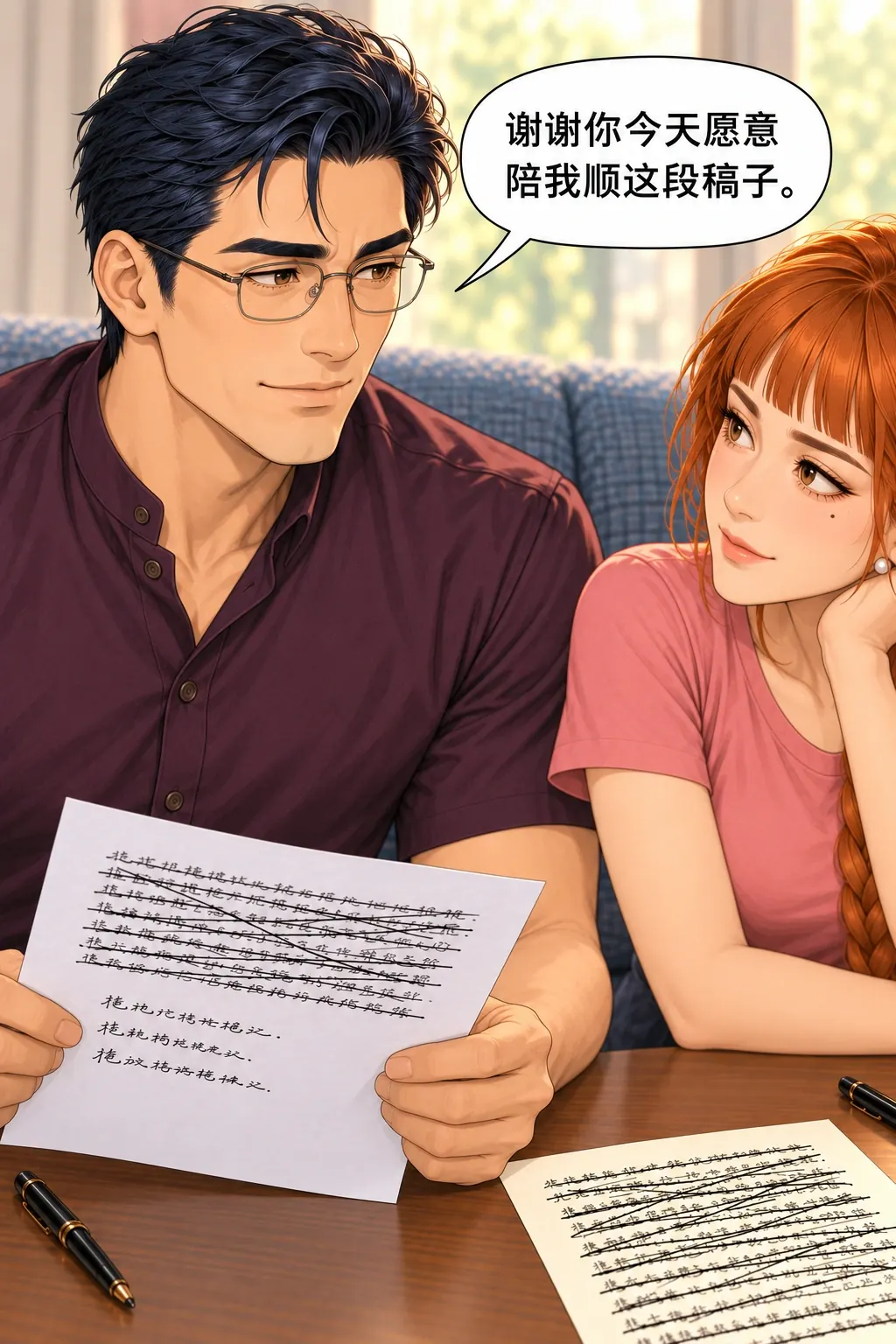 换个名字也不行漫画画面：林晚与张弛在研究生休息室改祝酒词：他感谢她自愿陪练，原来的试听邀请有了真正自愿的回应空间。