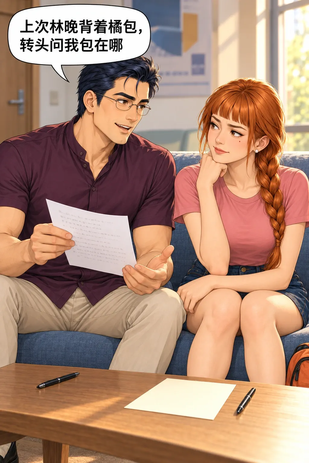 换个名字也不行漫画画面：林晚与张弛在研究生休息室改祝酒词：初稿直接拿她的私下糗事取笑。