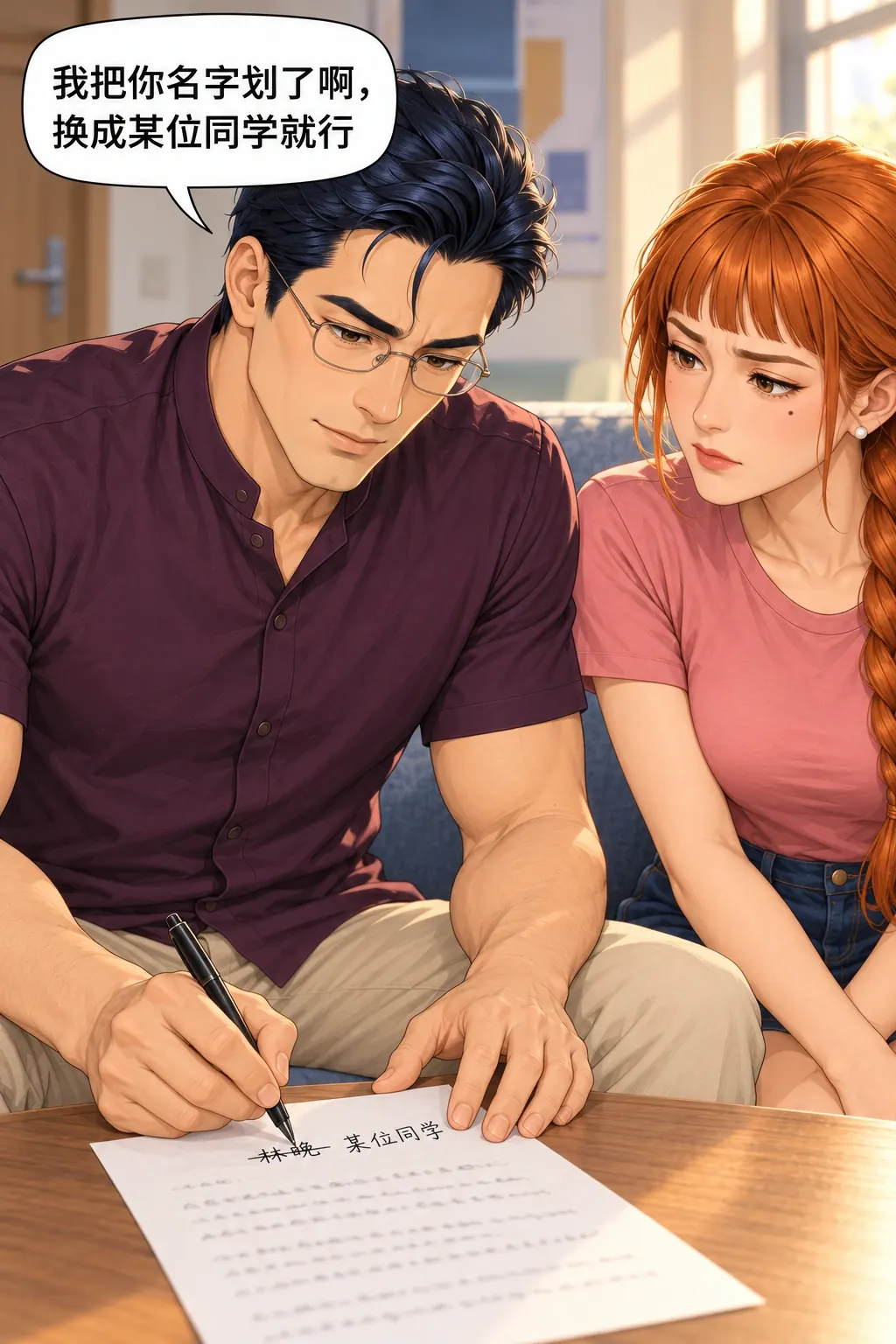 换个名字也不行漫画画面：林晚与张弛在研究生休息室改祝酒词：男只改名字，试图保住被拒绝的笑点。