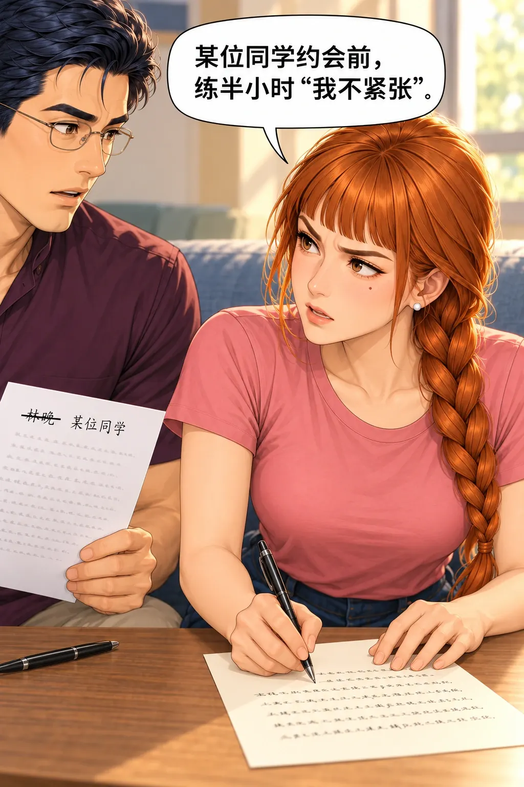 换个名字也不行漫画画面：林晚与张弛在研究生休息室改祝酒词：女方改用他的私事报复，自己也越过刚提出的界线。