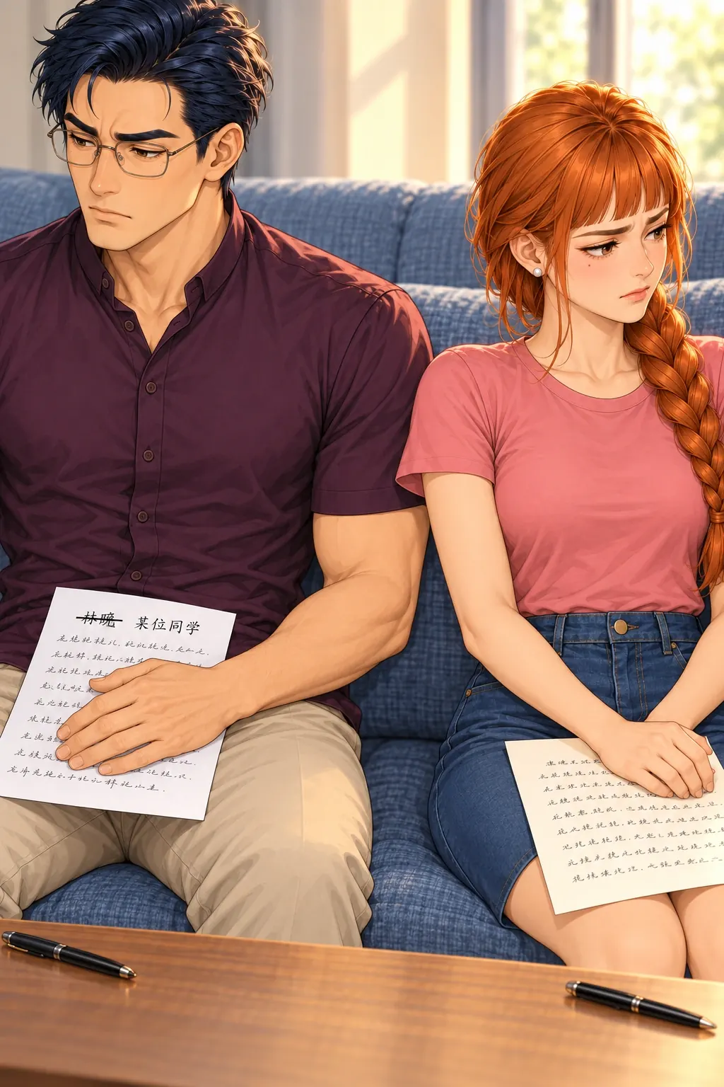 换个名字也不行漫画画面：林晚与张弛在研究生休息室改祝酒词：两人都护着各自稿子，原来愿意一起试读的局面停住。
